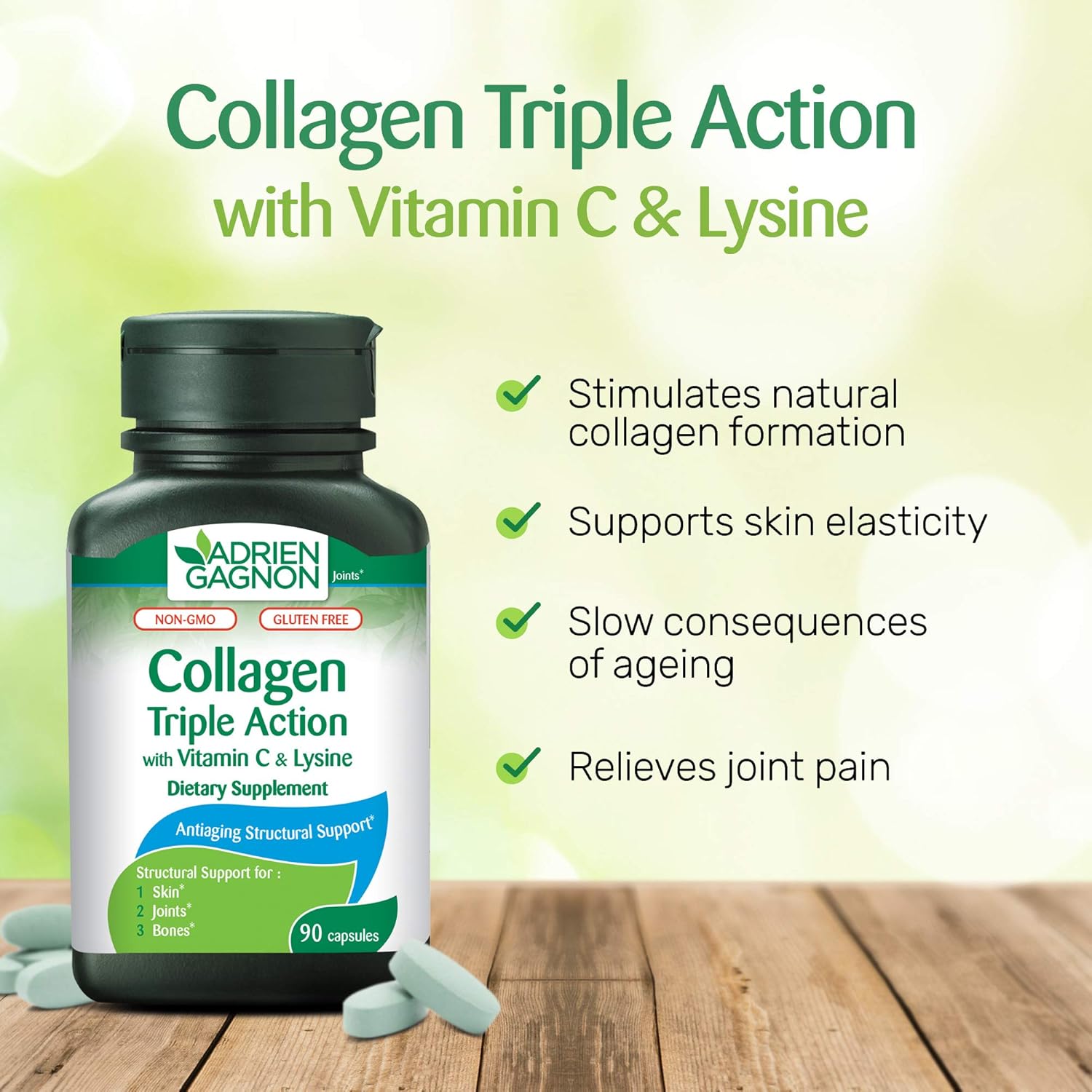 Adrien Gagnon Sante Collagen Capsules with Vitamin C and Lysine for Skin, Hair, Nails, Bones, and Joints - 90 Count