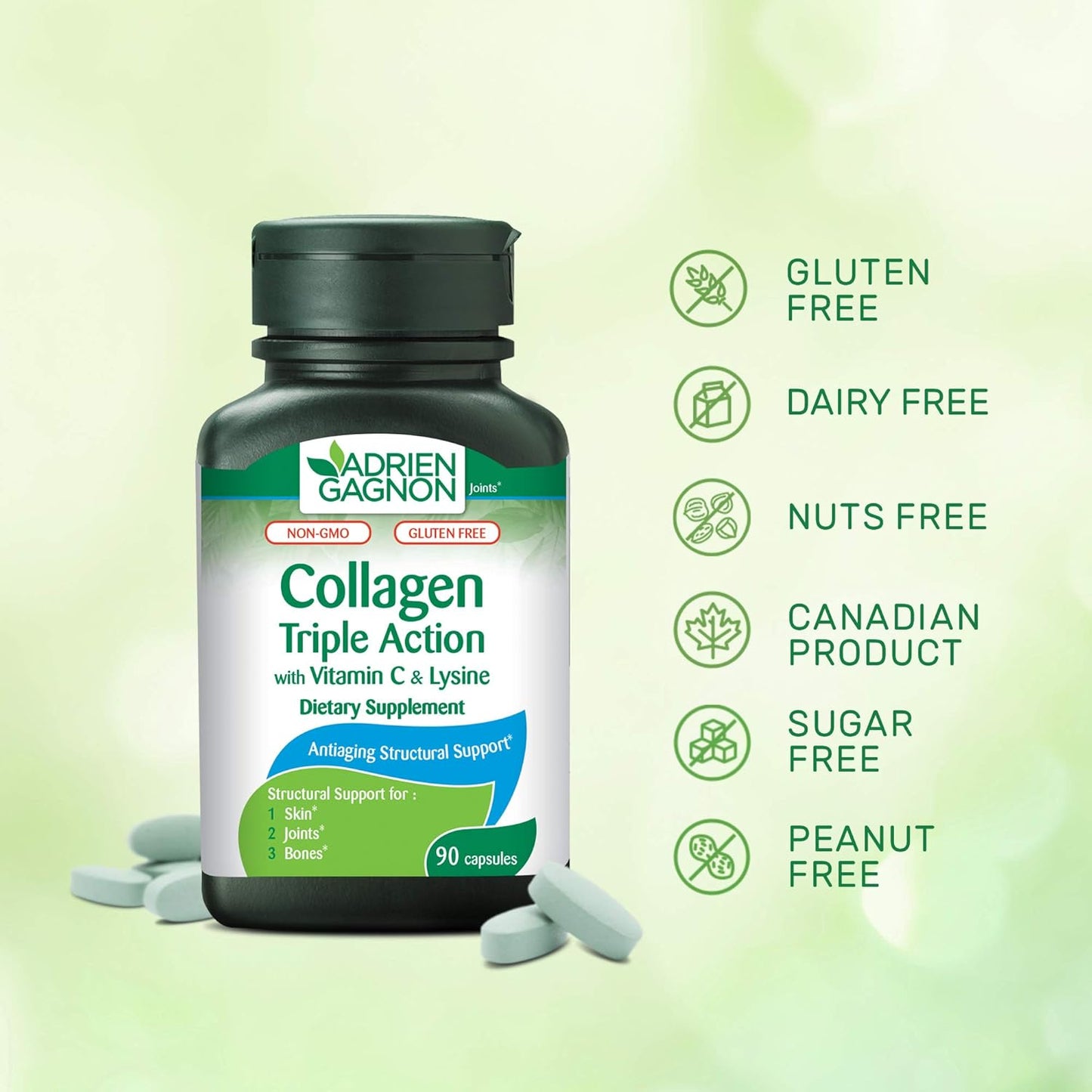 Adrien Gagnon Sante Collagen Capsules with Vitamin C and Lysine for Skin, Hair, Nails, Bones, and Joints - 90 Count