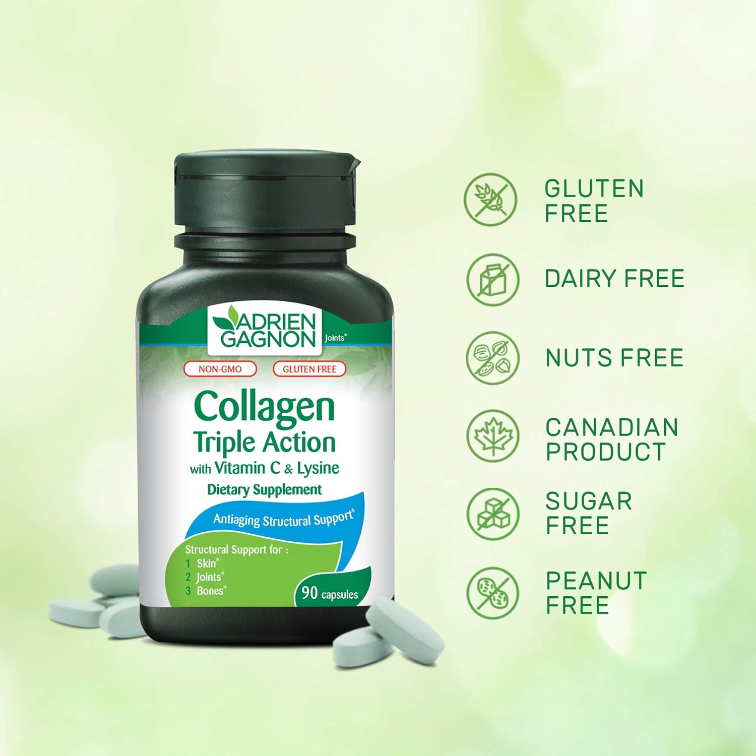 Adrien Gagnon Sante Collagen Capsules with Vitamin C and Lysine for Skin, Hair, Nails, Bones, and Joints - 90 Count