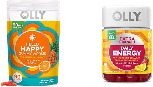 Adult Chewable Mood Balance Gummy Worms with Vitamin D, Saffron, CoQ10, and Goji Berry - Caffeine Free Energy Support Supplement