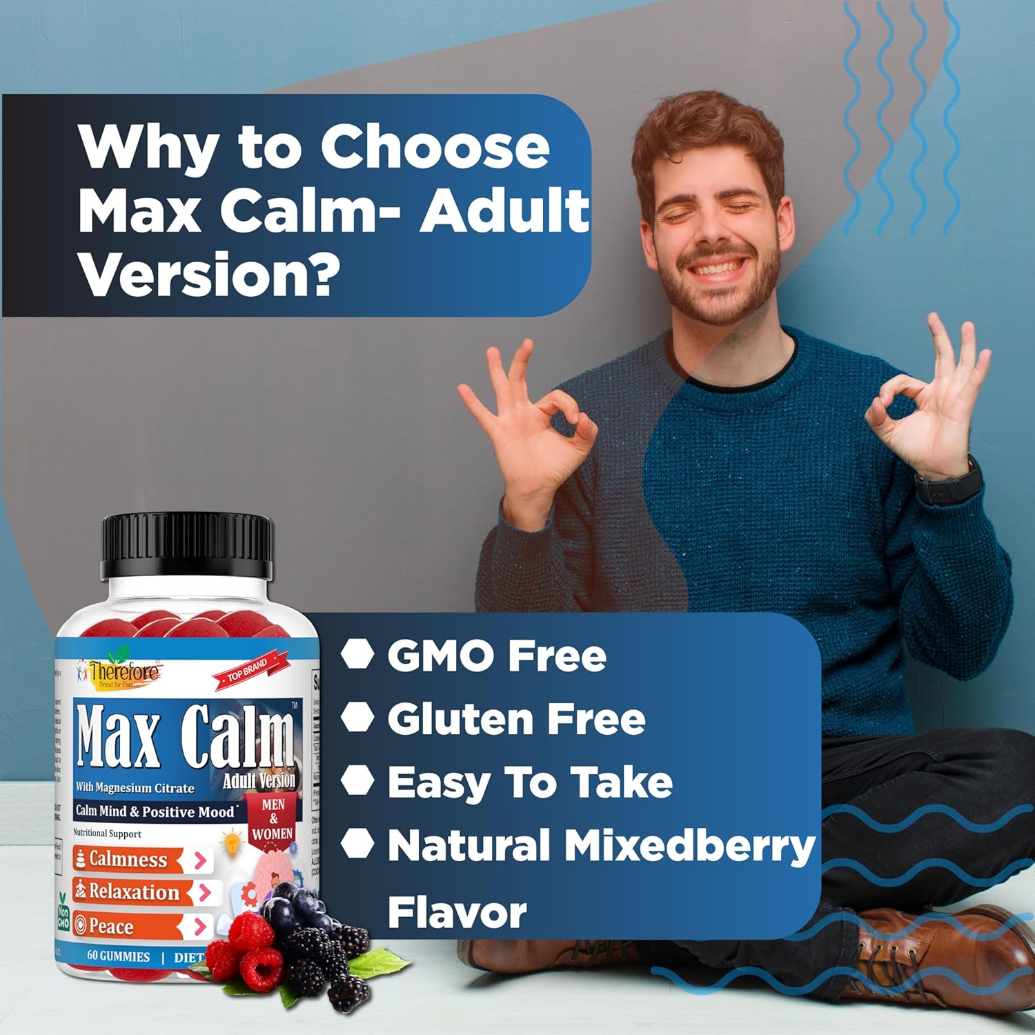 Adult Magnesium Citrate Gummies for Stress Relief, Sleep Support & Muscle Relaxation - Vegan 60 Count