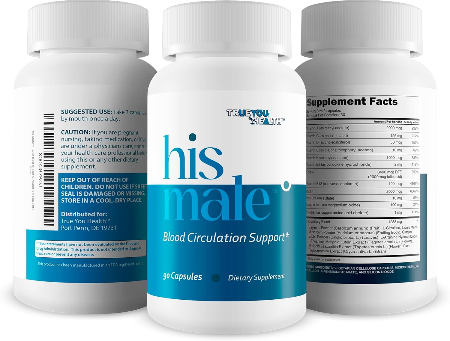 Advanced Blood Flow Supplement for Men - True You Health His Male - Improve Circulation with Best Support Supplement - Enhance Blood Flow for Men