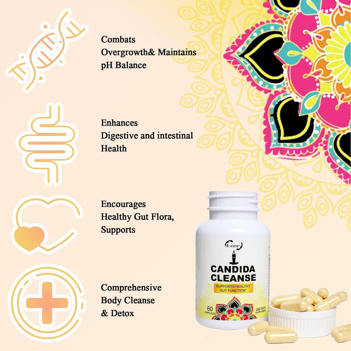 Advanced Candida Cleanse 180 Capsules - Intestinal Detox with Probiotics & Herbs - Oregano, Caprylic Acid, Black Walnut, Reishi