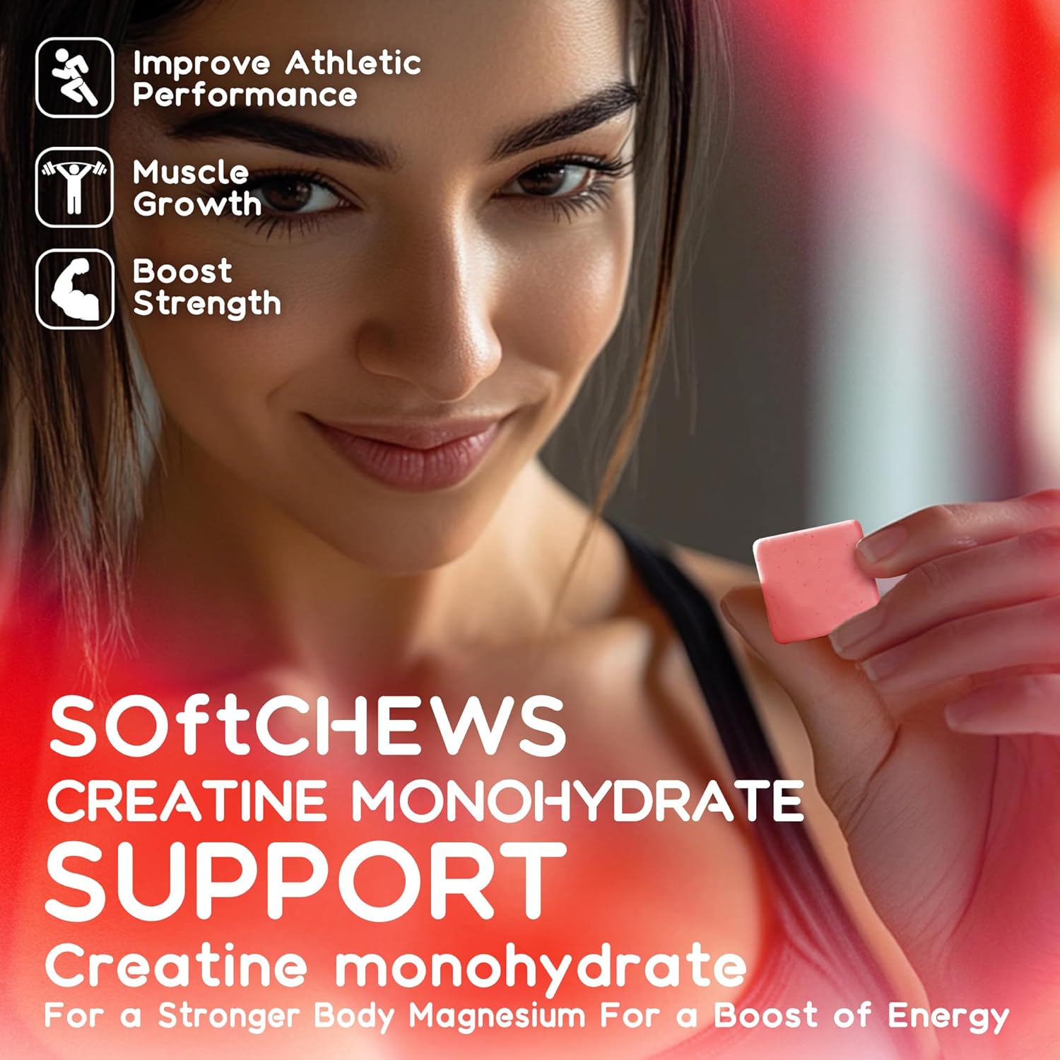 Advanced Creatine Monohydrate Soft Chews with L-Taurine and Vitamin B12 for Men & Women - 6400mg Complex Formula, Sugar Free - 60 Strawberry Softchews