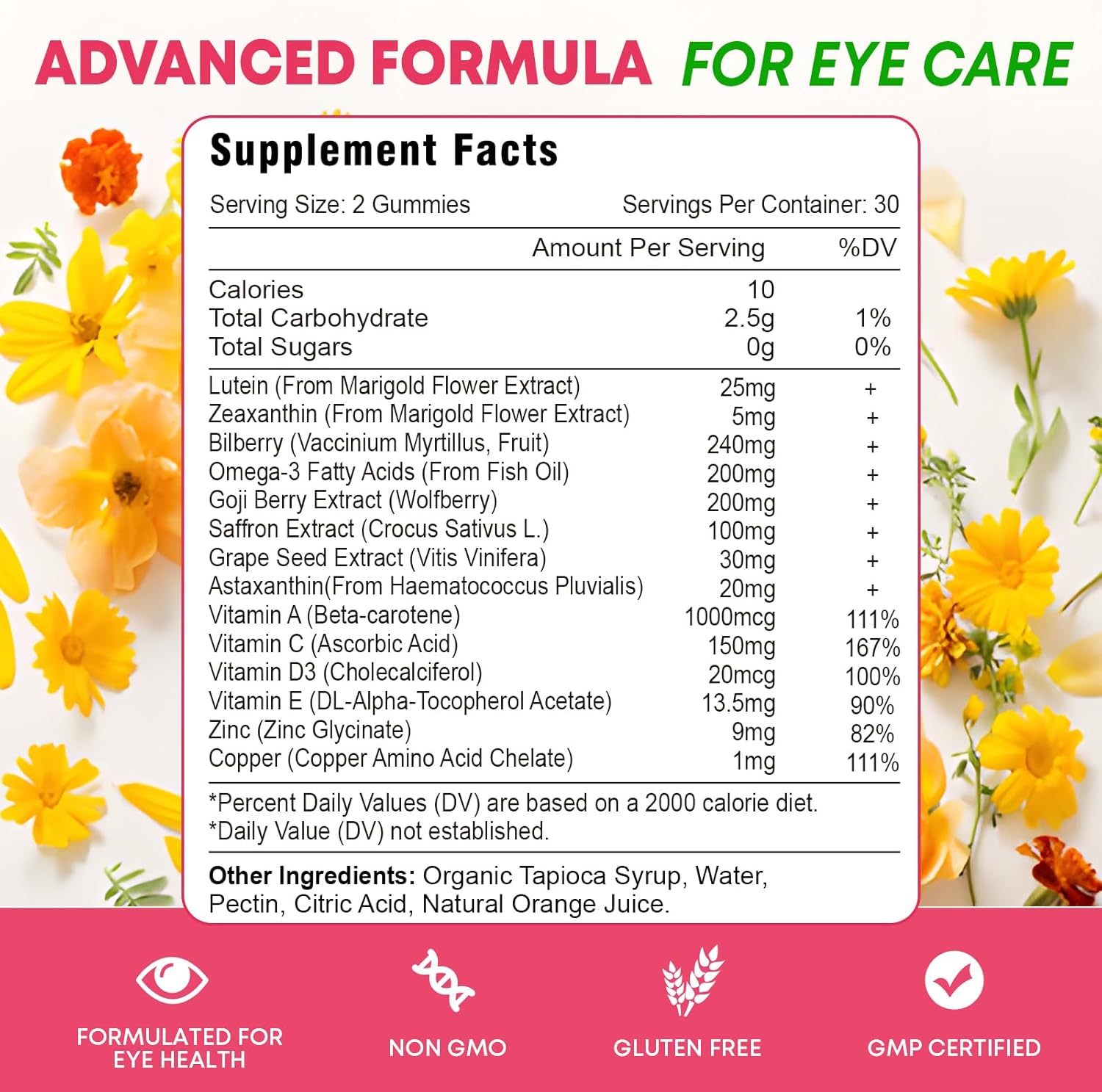 Advanced Eye Vitamin Gummies with Lutein, Zeaxanthin, Bilberry, Saffron, Grape Seed, Omega 3 - 60 Count, Orange Flavor - Macular Health, Dry Eye, Visual Function