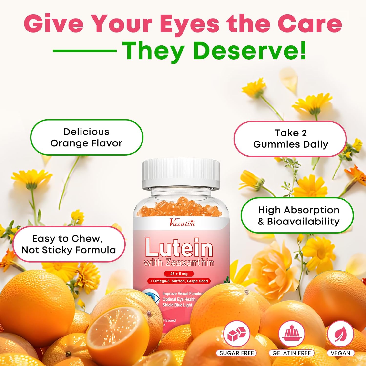 Advanced Eye Vitamin Gummies with Lutein, Zeaxanthin, Bilberry, Saffron, Grape Seed, Omega 3 - 60 Count, Orange Flavor - Macular Health, Dry Eye, Visual Function