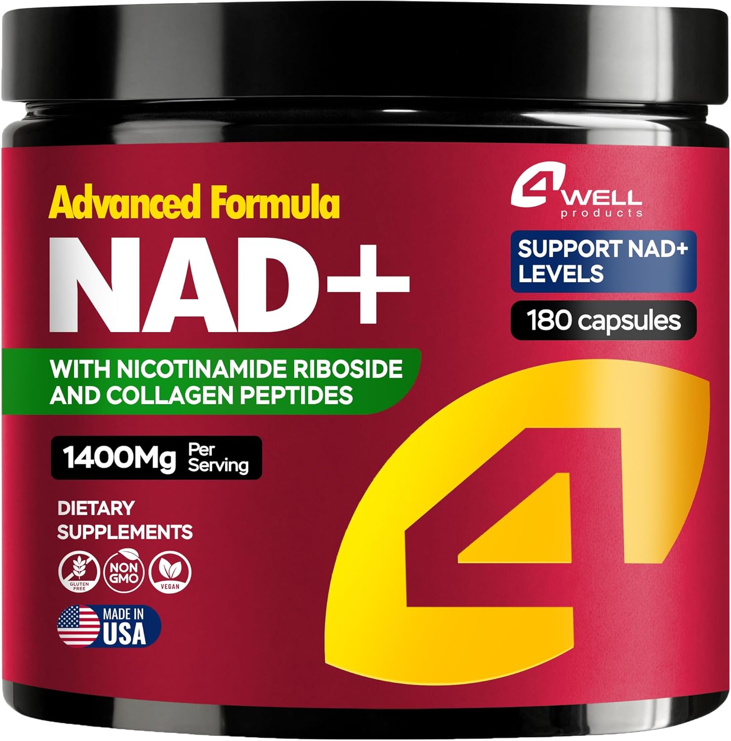 Advanced NAD+ Supplement with 1400mg Nicotinamide Riboside & Collagen Peptides for Healthy Aging - Boosts Cellular Energy, Skin Health & Cognitive Function - Made in USA