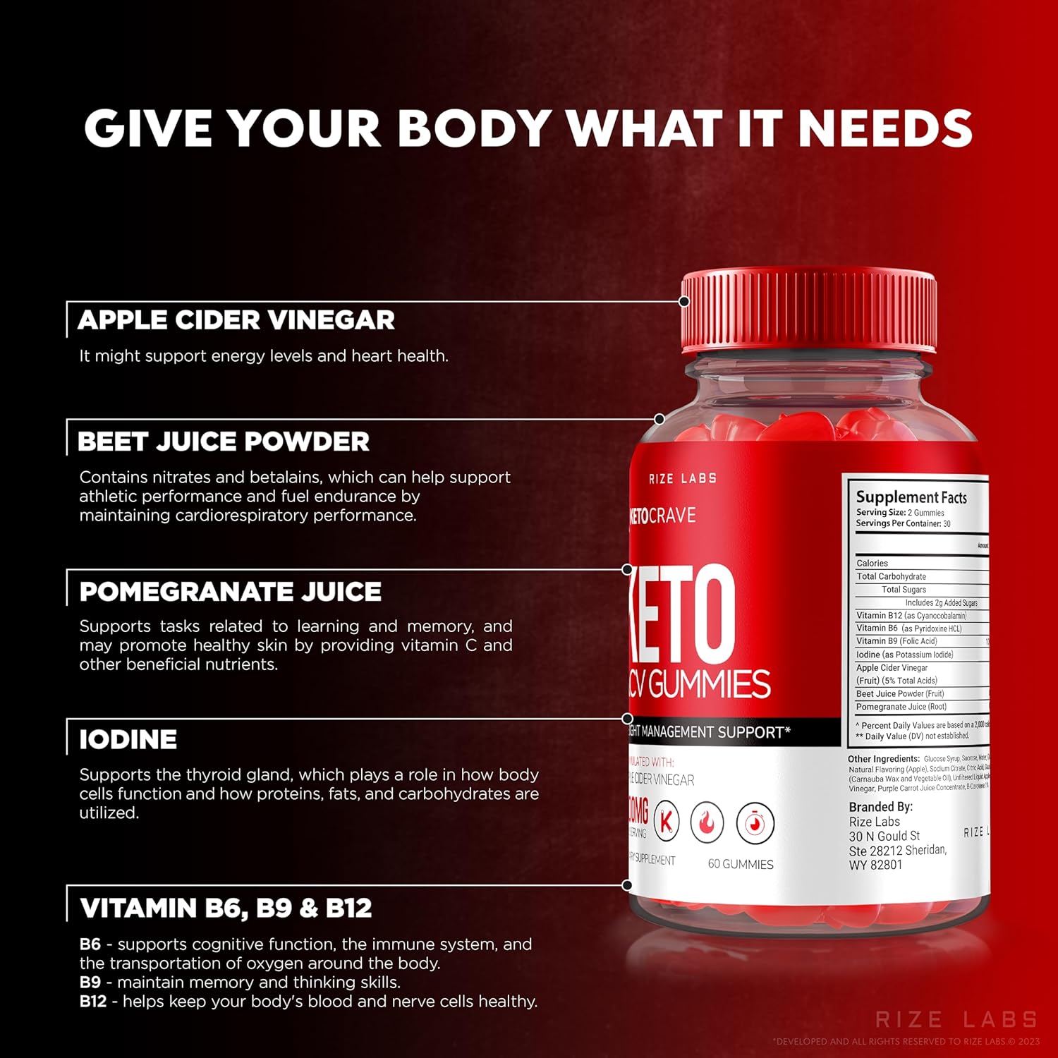 Advanced  Slimming Formula  Keto Gummies with ACV - Rize Labs Maximum Strength Supplement for Cravings - 60 Gummies