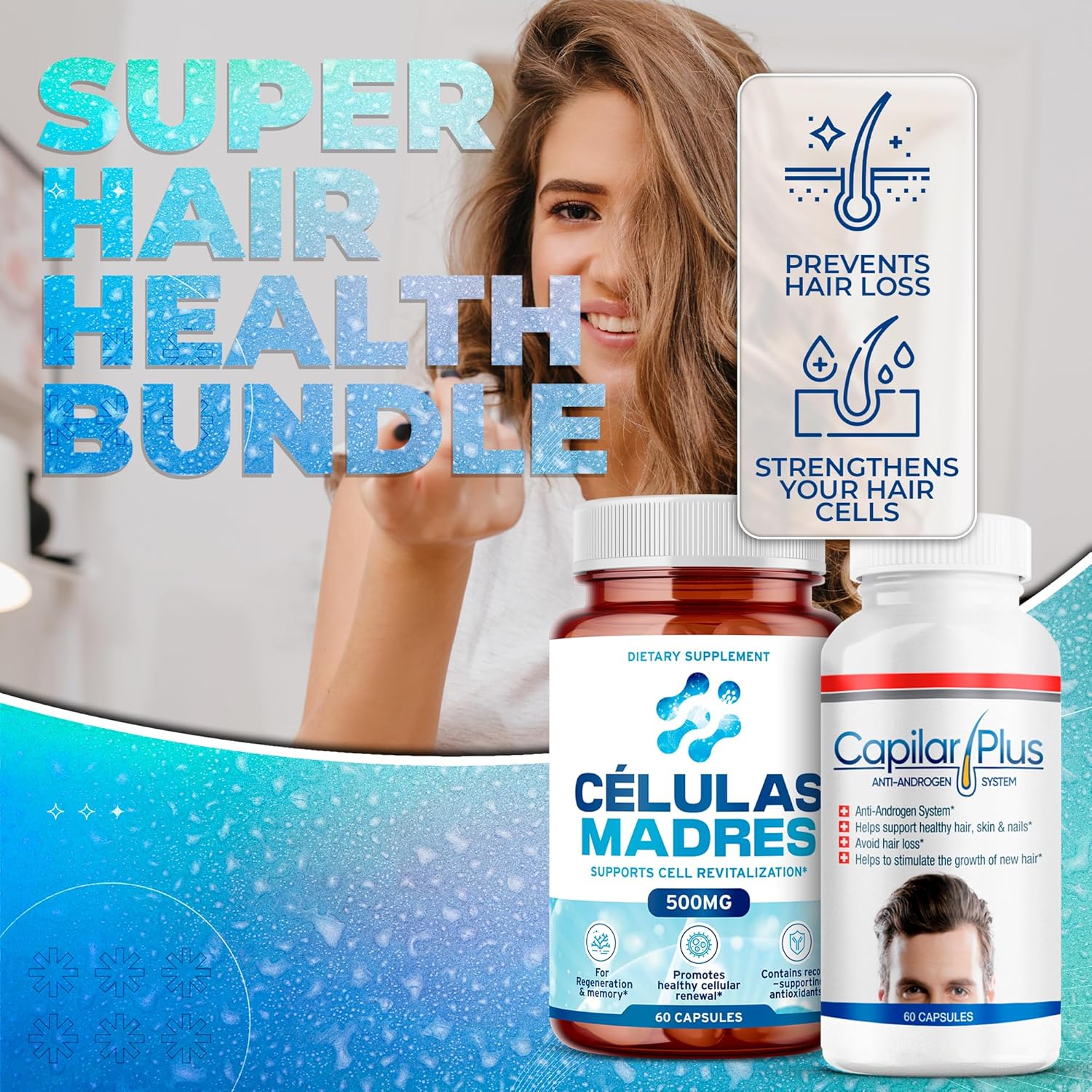 AFA Stem Cell & Hair Growth Supplement Bundle | Antiaging Support | Capilar Plus for Hair Loss | Healthy Skin, Hair & Nails | Spirulina & Chlorella - 60 Capsules Each