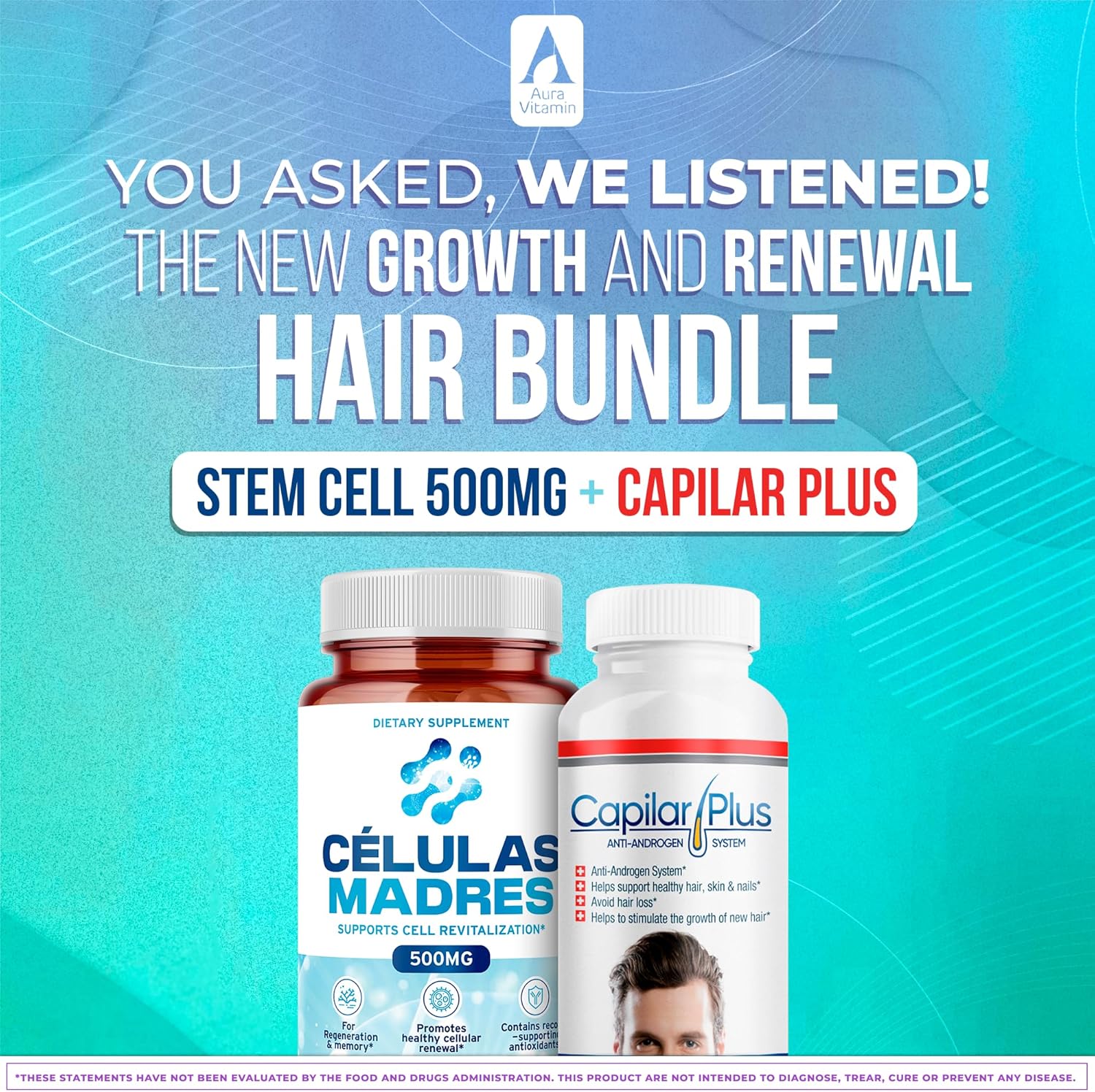 AFA Stem Cell & Hair Growth Supplement Bundle | Antiaging Support | Capilar Plus for Hair Loss | Healthy Skin, Hair & Nails | Spirulina & Chlorella - 60 Capsules Each