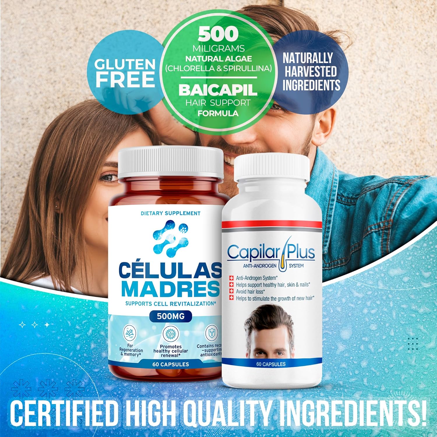 AFA Stem Cell & Hair Growth Supplement Bundle | Antiaging Support | Capilar Plus for Hair Loss | Healthy Skin, Hair & Nails | Spirulina & Chlorella - 60 Capsules Each
