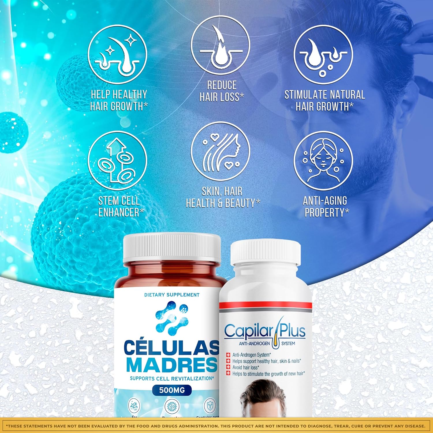 AFA Stem Cell & Hair Growth Supplement Bundle | Antiaging Support | Capilar Plus for Hair Loss | Healthy Skin, Hair & Nails | Spirulina & Chlorella - 60 Capsules Each