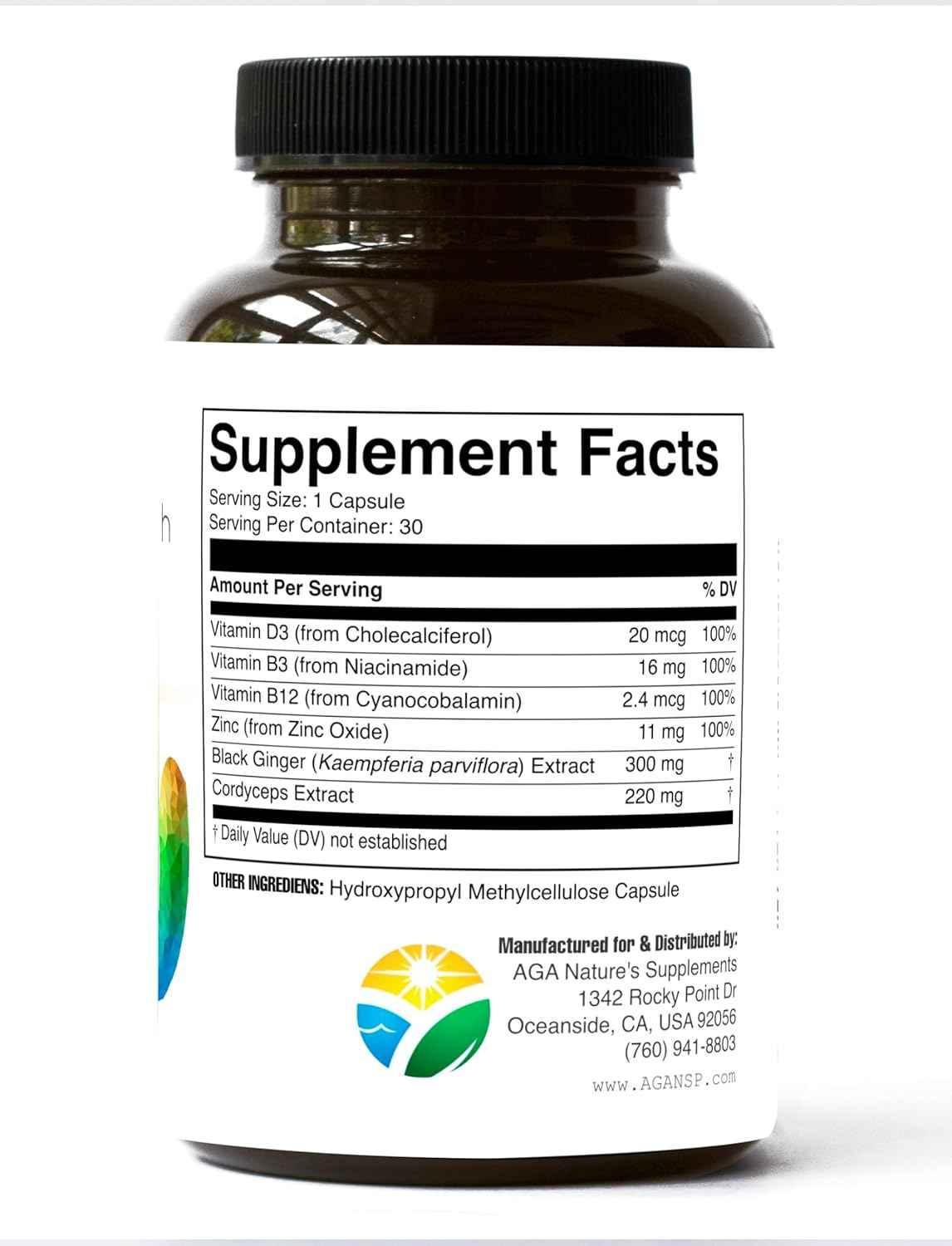 AGA Nature's Supplements Morning Energy Support Multivitamin for Men with Black Ginger and Cordyceps 30 Capsules