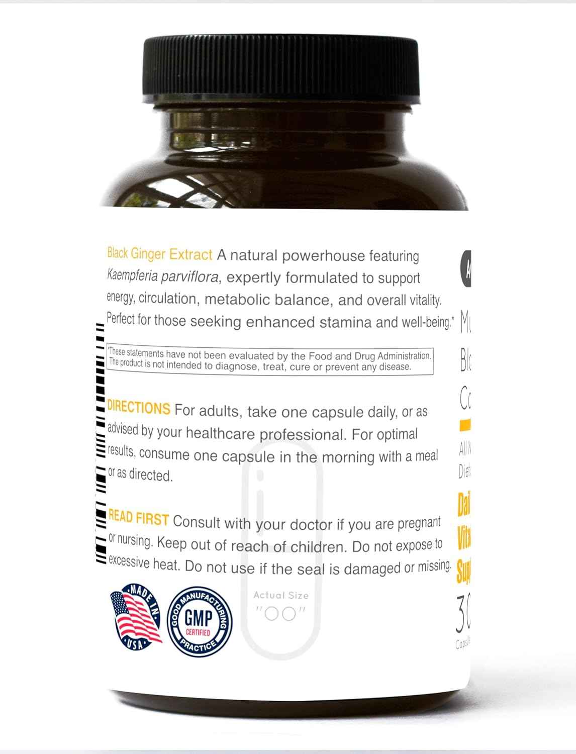 AGA Nature's Supplements Morning Energy Support Multivitamin for Men with Black Ginger and Cordyceps 30 Capsules