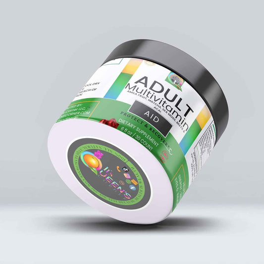 AID- Adult Multivitamin Gummy 4.3 ⭐⭐⭐⭐⭐ Infused with: Amila Fruit, Matcha, Sea Moss, Beets & Acai. Supports: Fertility Skin & Hair Muscle Recovery Energy HOT Flashes*+