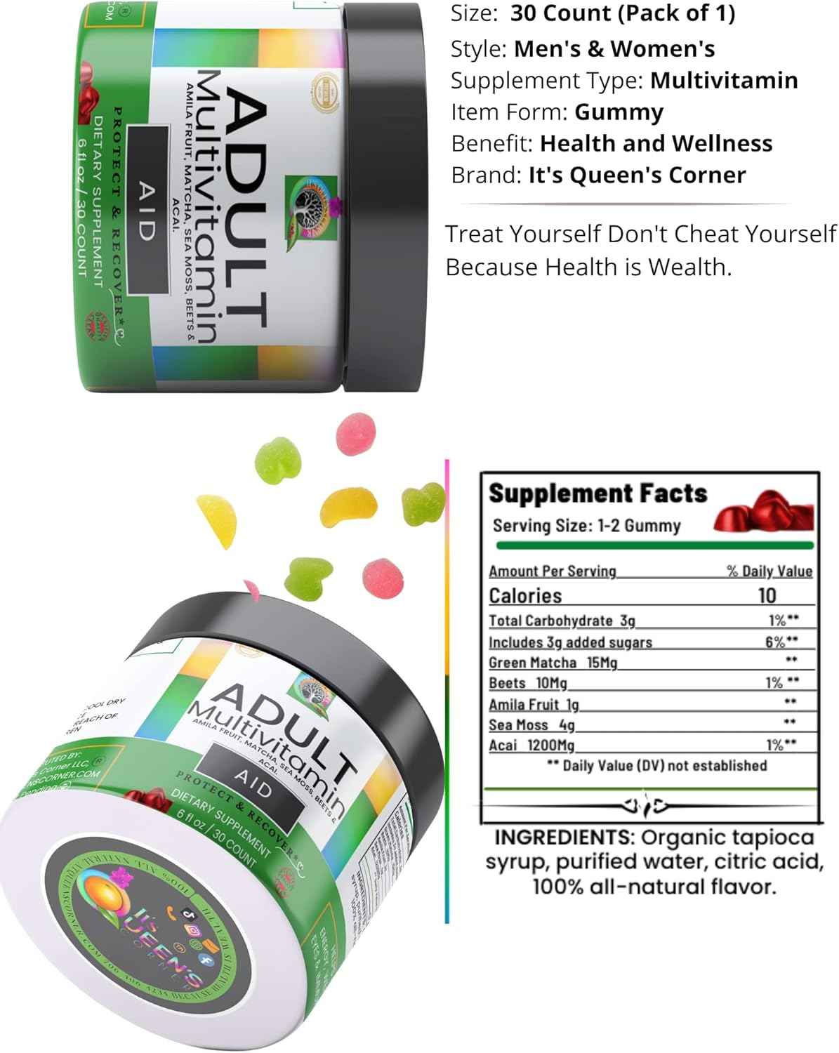 AID- Adult Multivitamin Gummy 4.3 ⭐⭐⭐⭐⭐ Infused with: Amila Fruit, Matcha, Sea Moss, Beets & Acai. Supports: Fertility Skin & Hair Muscle Recovery Energy HOT Flashes*+