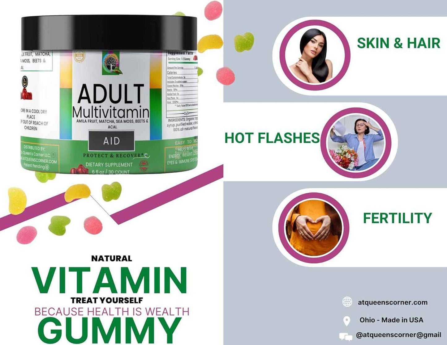 AID- Adult Multivitamin Gummy 4.3 ⭐⭐⭐⭐⭐ Infused with: Amila Fruit, Matcha, Sea Moss, Beets & Acai. Supports: Fertility Skin & Hair Muscle Recovery Energy HOT Flashes*+