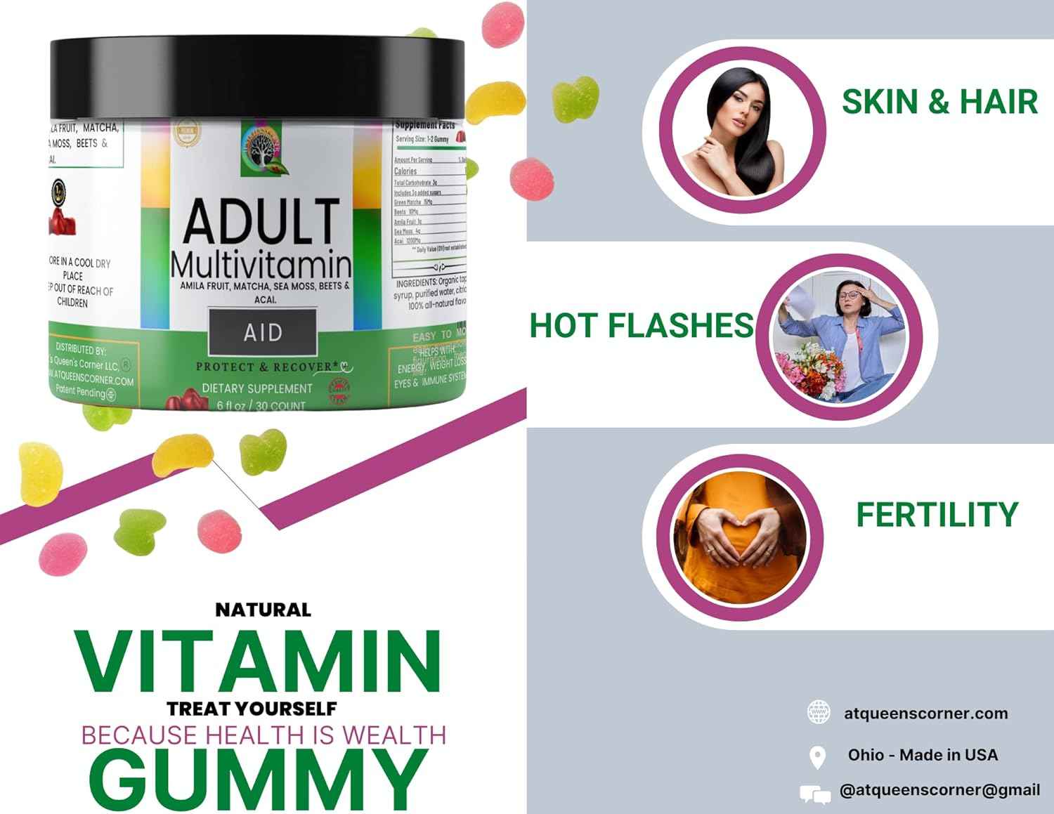 AID- Adult Multivitamin Gummy 4.3 ⭐⭐⭐⭐⭐ Infused with: Amila Fruit, Matcha, Sea Moss, Beets & Acai. Supports: Fertility Skin & Hair Muscle Recovery Energy HOT Flashes*+