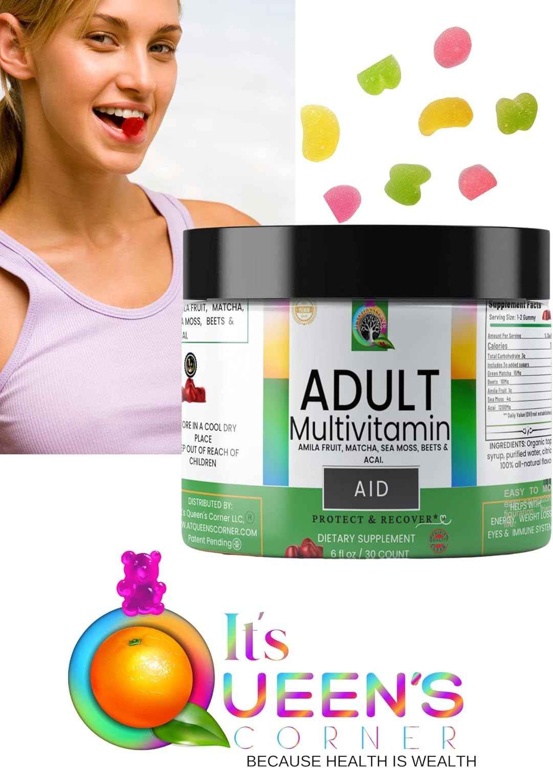 AID- Adult Multivitamin Gummy 4.3 ⭐⭐⭐⭐⭐ Infused with: Amila Fruit, Matcha, Sea Moss, Beets & Acai. Supports: Fertility Skin & Hair Muscle Recovery Energy HOT Flashes*+