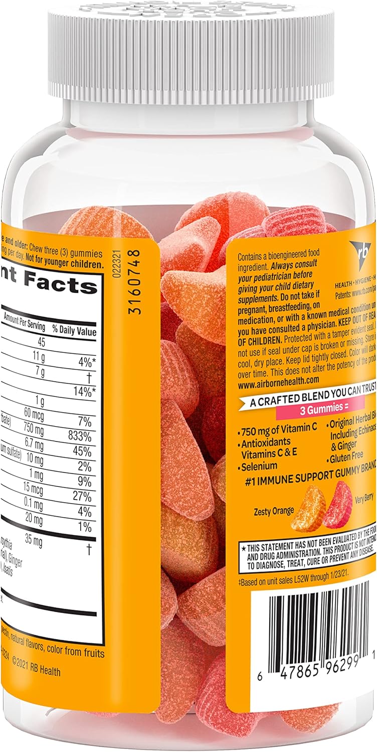 Airborne Vitamin C 750mg Gummies - 63 Count, Gluten-Free Immune Support with Vitamins C E, Selenium - Pack of 2