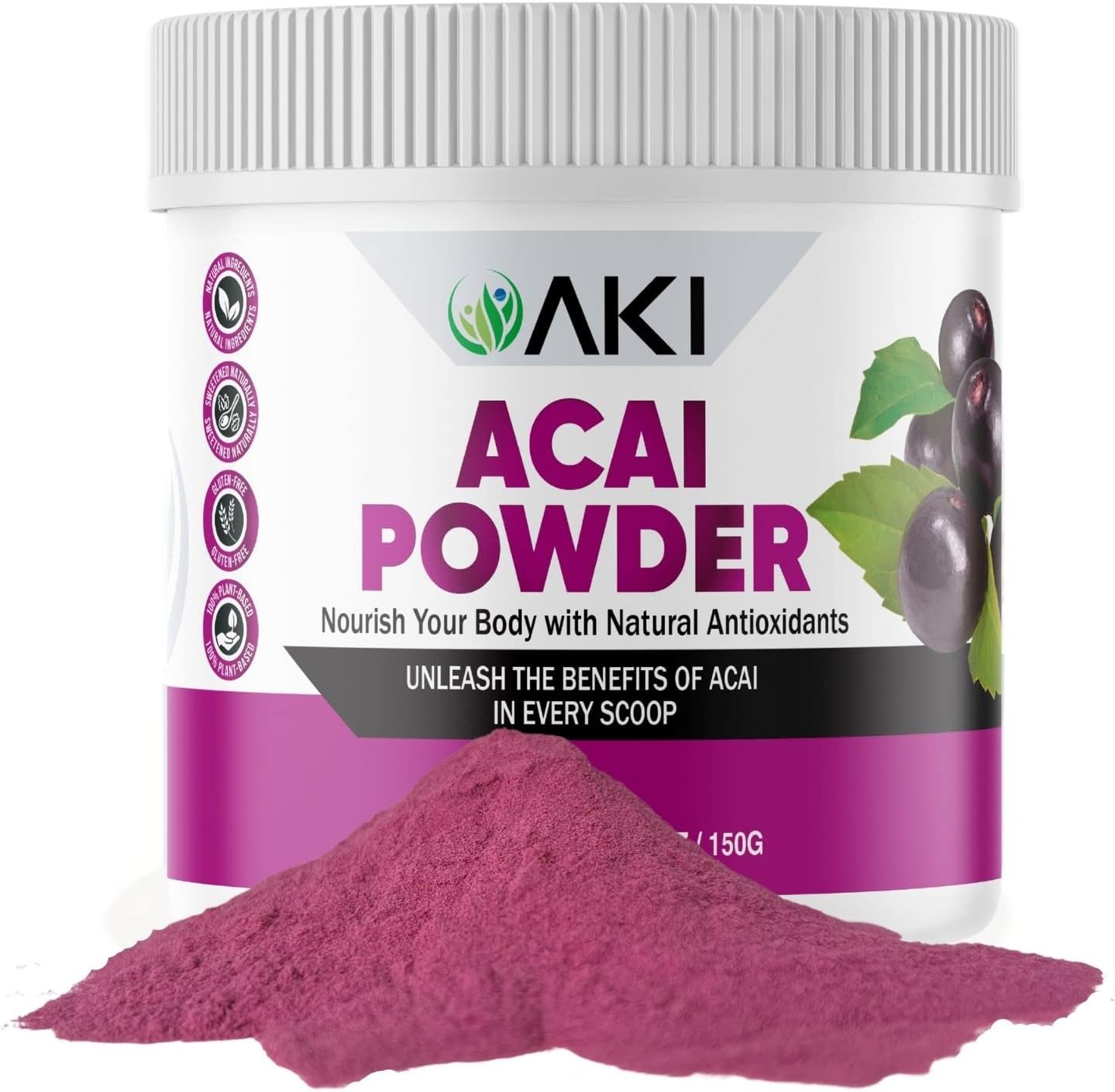 AKI ORGANIC Acai Powder - Rich in Vitamins & Nutrients - Ideal for Smoothies - Non-GMO, Vegan & Gluten Free - 5.30oz/150g