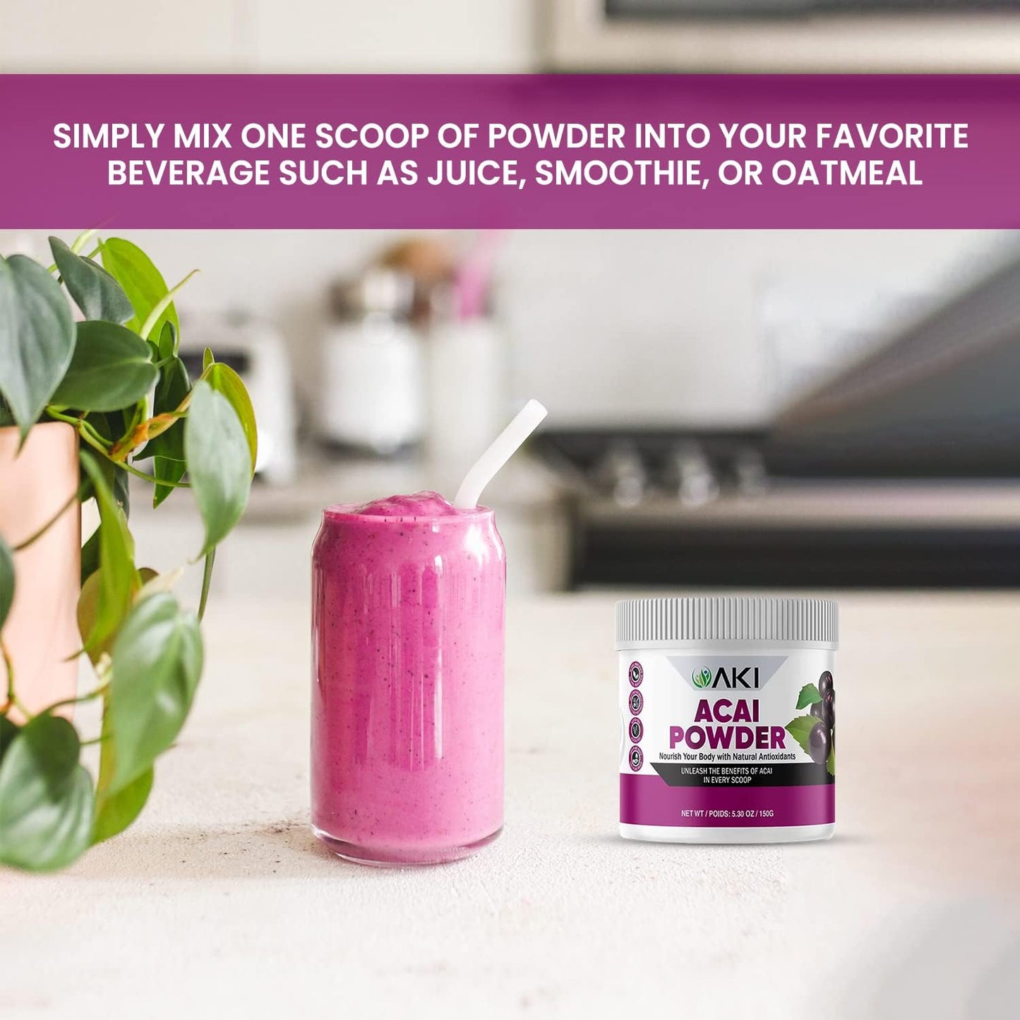 AKI ORGANIC Acai Powder - Rich in Vitamins & Nutrients - Ideal for Smoothies - Non-GMO, Vegan & Gluten Free - 5.30oz/150g