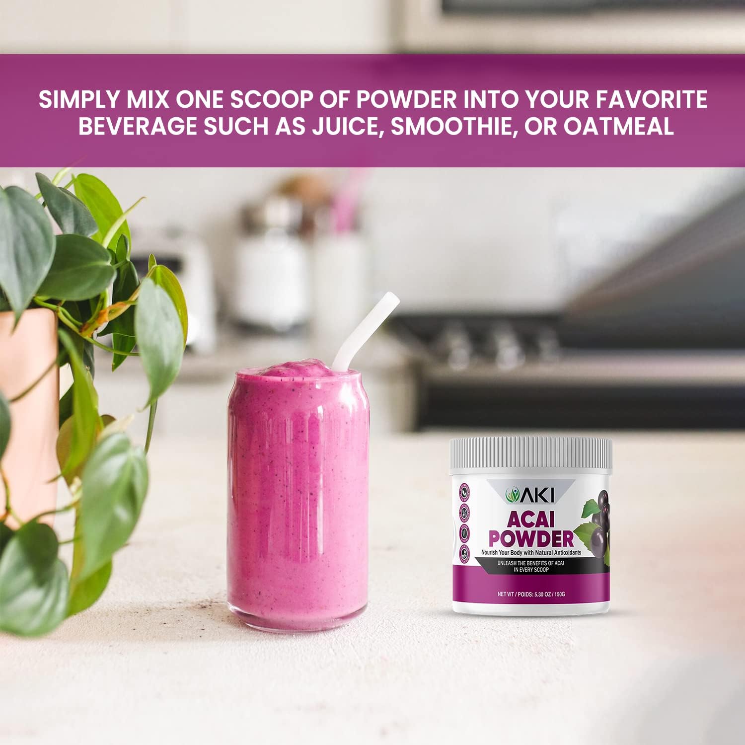 AKI ORGANIC Acai Powder - Rich in Vitamins & Nutrients - Ideal for Smoothies - Non-GMO, Vegan & Gluten Free - 5.30oz/150g