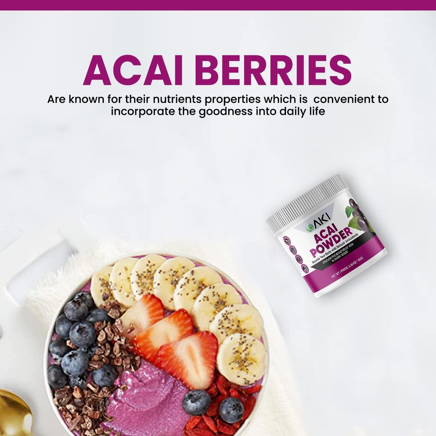 AKI ORGANIC Acai Powder - Rich in Vitamins & Nutrients - Ideal for Smoothies - Non-GMO, Vegan & Gluten Free - 5.30oz/150g