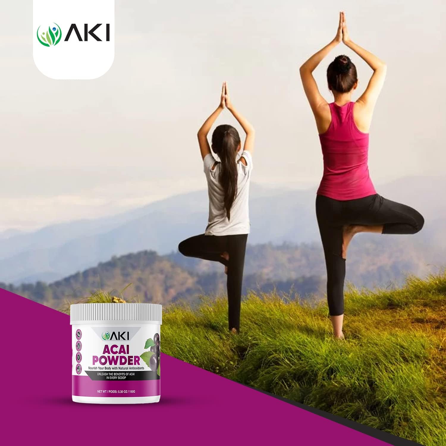 AKI ORGANIC Acai Powder - Rich in Vitamins & Nutrients - Ideal for Smoothies - Non-GMO, Vegan & Gluten Free - 5.30oz/150g