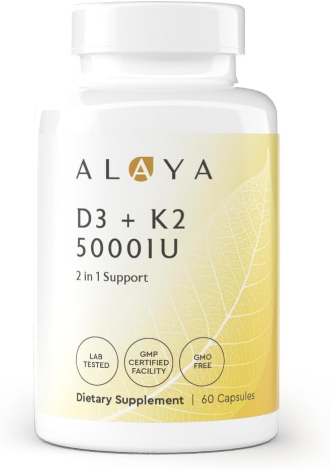 Alaya Naturals - High-Potency Vitamin D3 + K2 Supplement with 5000 IU D3, 50 mcg K, and 15 mcg K2 for Immune Support