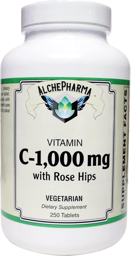 AlchePharma C-1000mg Vitamin C Tablets with Rose Hips - Soy & Corn Gluten Free - 250 Count