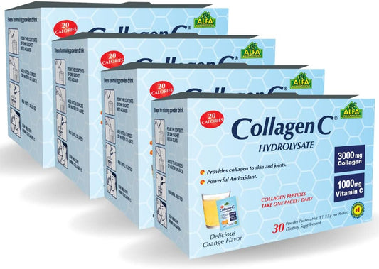 ALFA VITAMINS CollagenC Peptides Powder Supplement - Premium Quality for Immune, Skin, Hair, Nails & Joints - 30 Packets/Box - 4 Pack