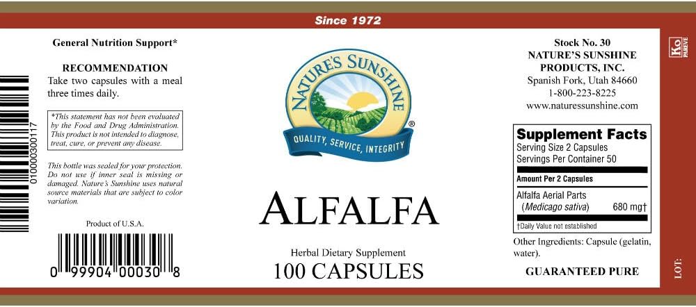 Alfalfa Capsules - Pack of 200 - Natural Dietary Supplement by Nature's Sunshine