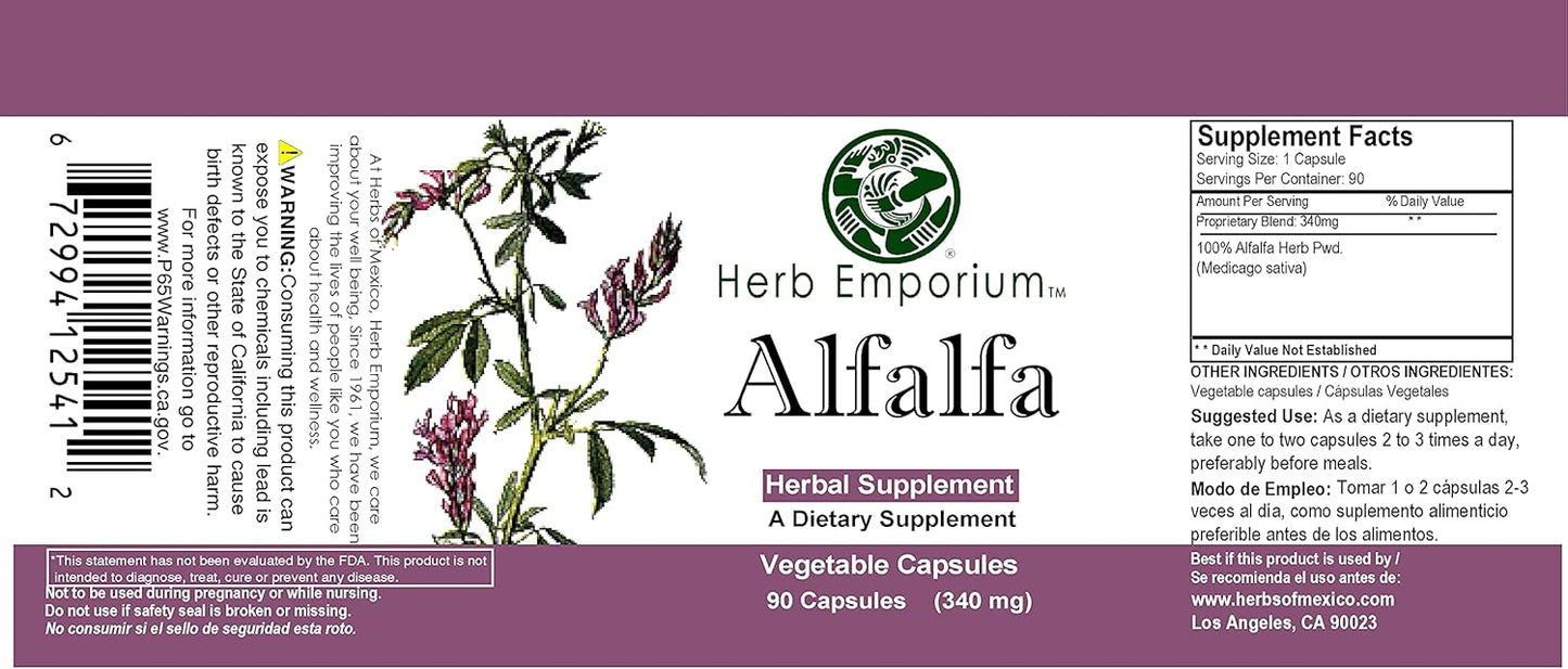 Alfalfa Capsules 90 ct 340mg - Herbal Supplement for Digestive Health - Herbs of Mexico Herb Emporium