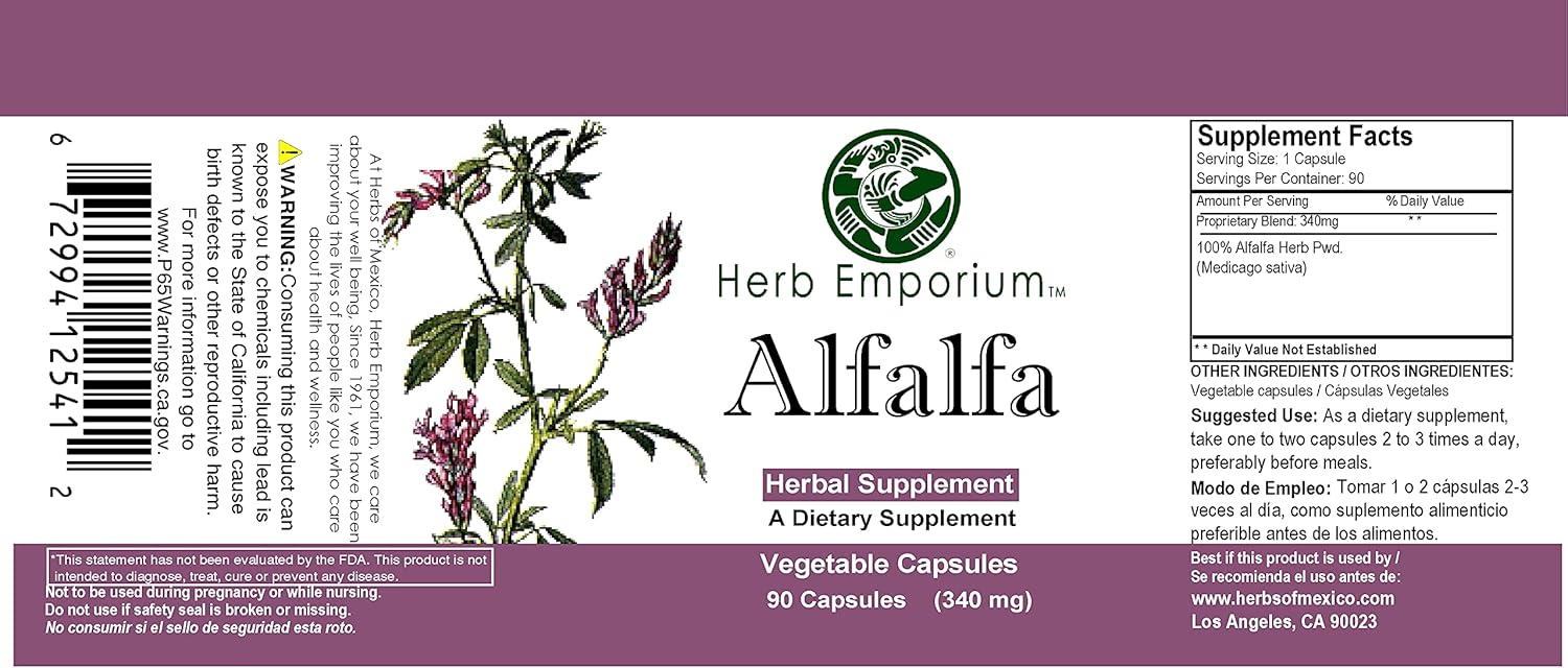 Alfalfa Capsules 90 ct 340mg - Herbal Supplement for Digestive Health - Herbs of Mexico Herb Emporium