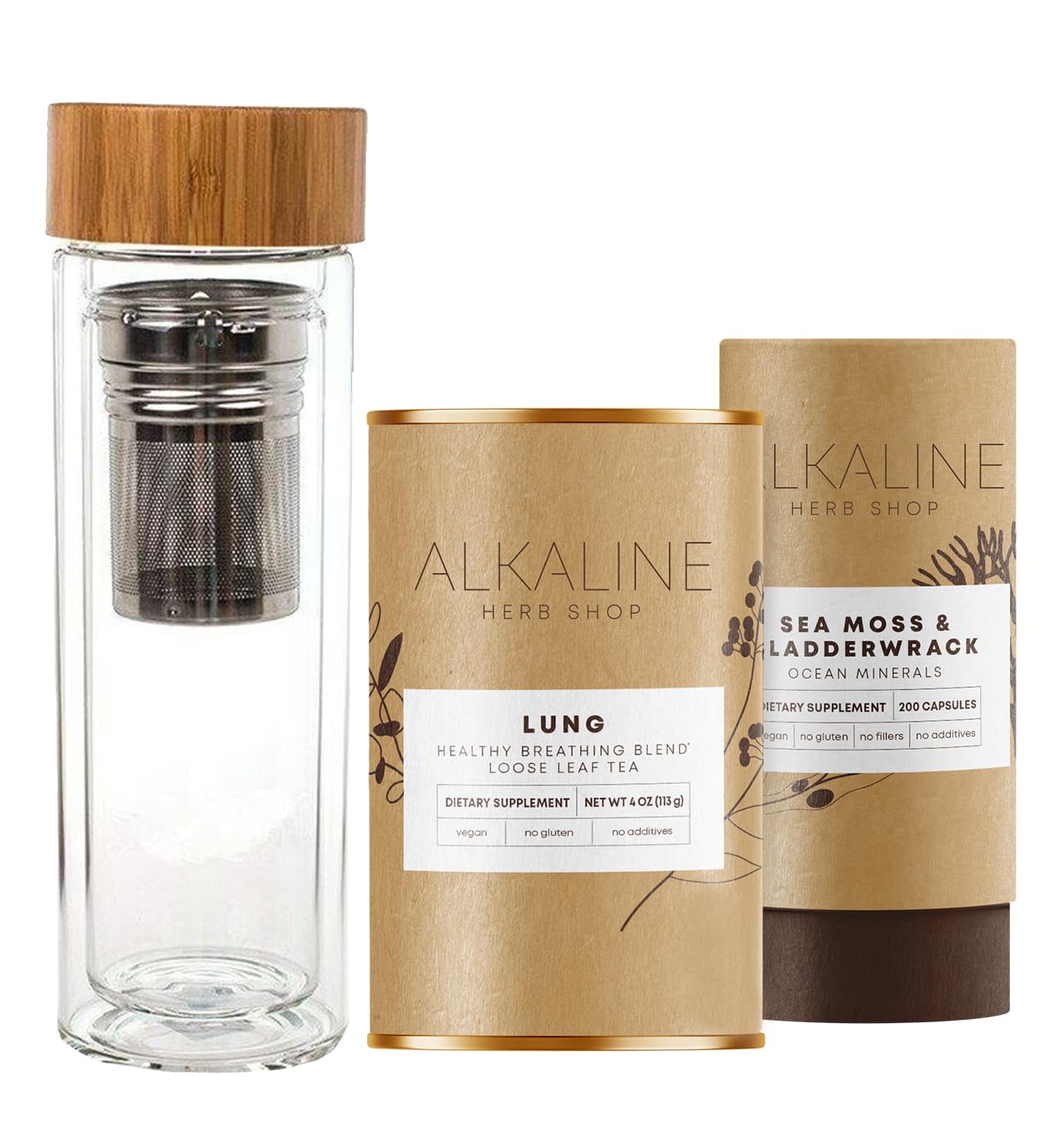 Alkaline Herb Store Healthy Lung Bundle: Sea Moss & Bladderwrack Supplements, Lung Tea, Glass Tea Infuser Bottle