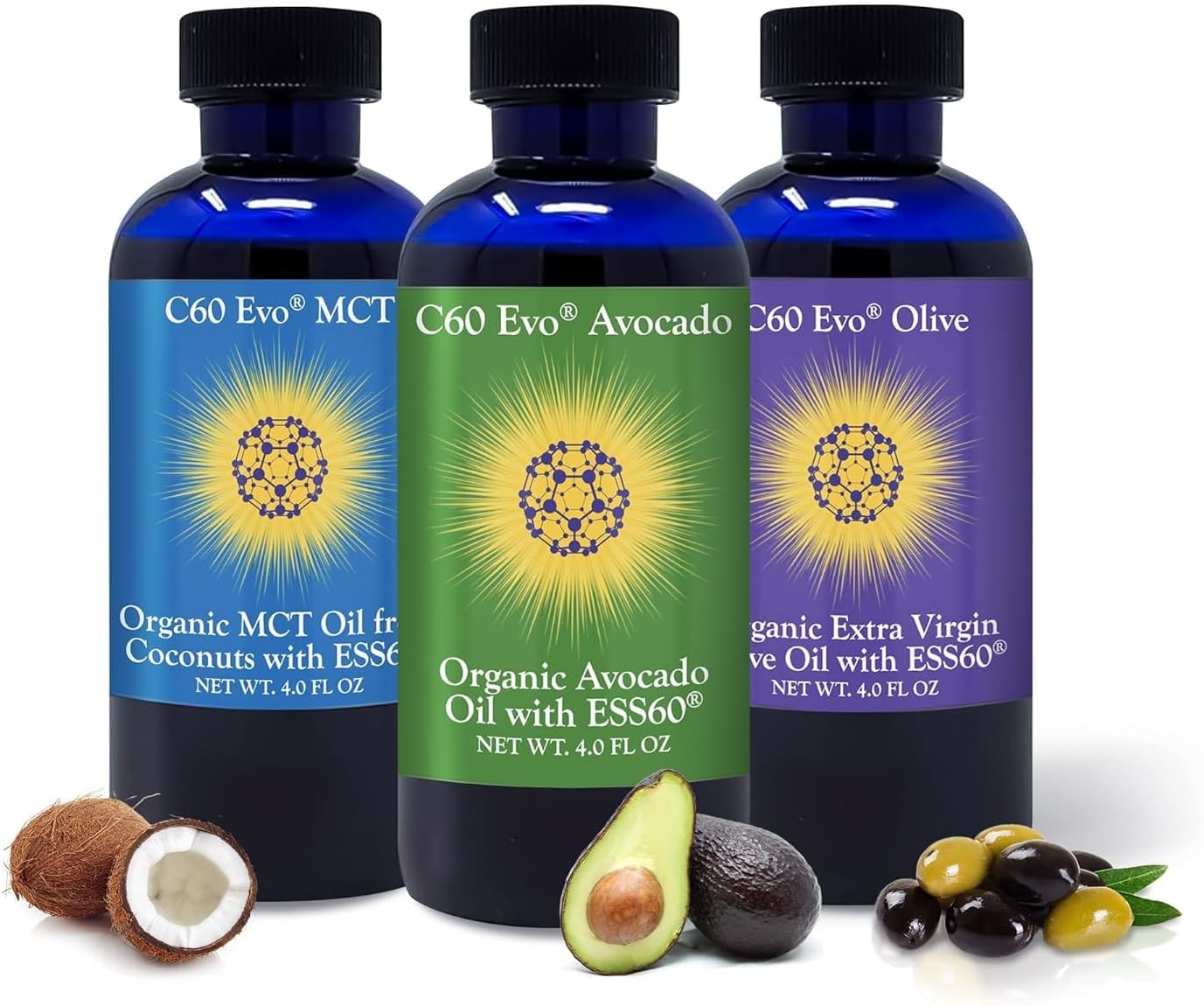 All-Natural C60 EVO Edible Oils Sampler Set - Immune and Joint Support Supplement - Olive, Avocado, and MCT Coconut Oil - 3 Pack, 4 oz each