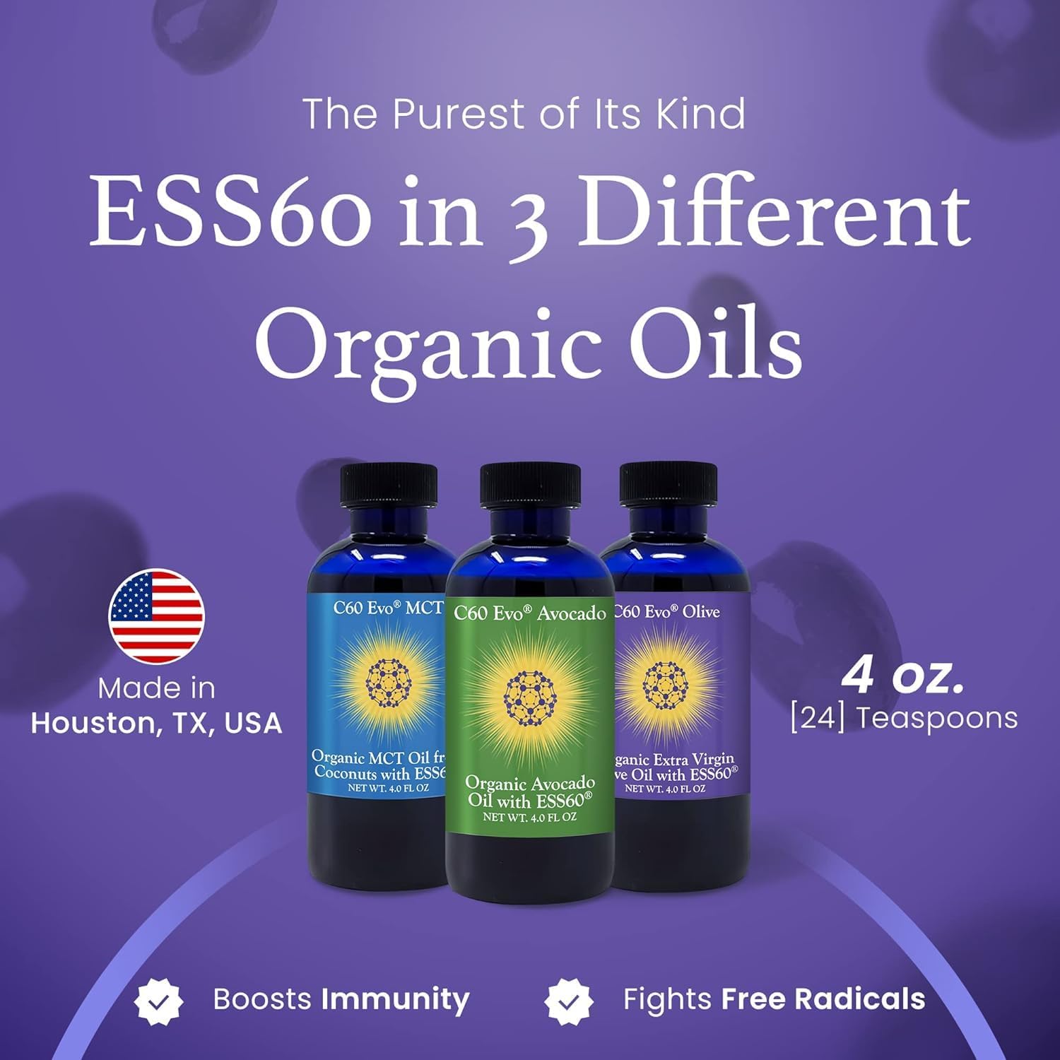 All-Natural C60 EVO Edible Oils Sampler Set - Immune and Joint Support Supplement - Olive, Avocado, and MCT Coconut Oil - 3 Pack, 4 oz each