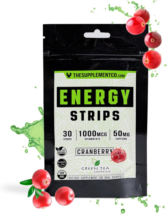 All Natural Cranberry Flavored Energy Strips - 50mg Caffeine - Fast Absorption - 30 Strips