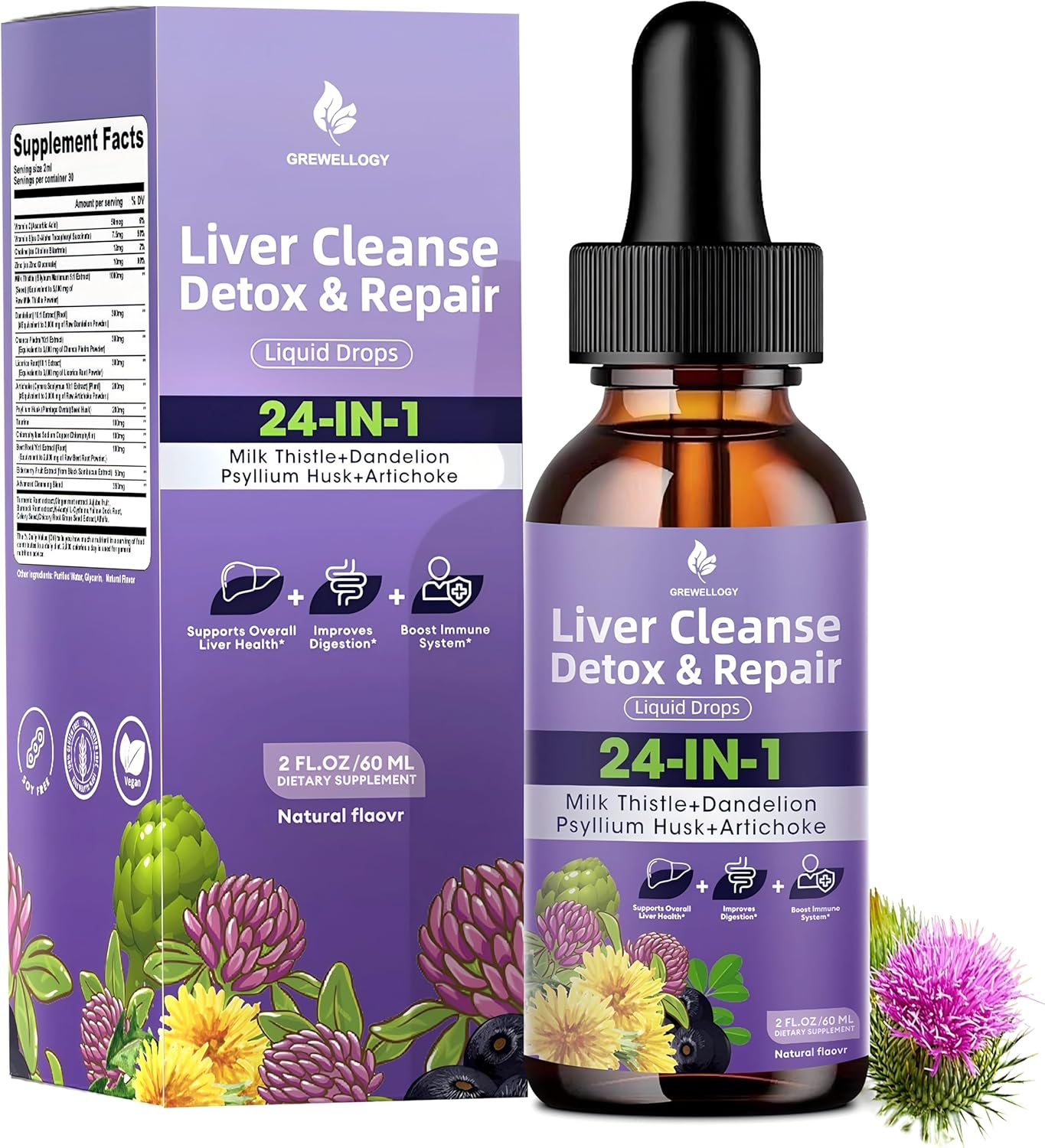 All-Natural Liver Cleanse Detox Drops with Milk Thistle, Artichoke, Dandelion, Turmeric, Ginger - Vegan Formula, 2 Fl Oz