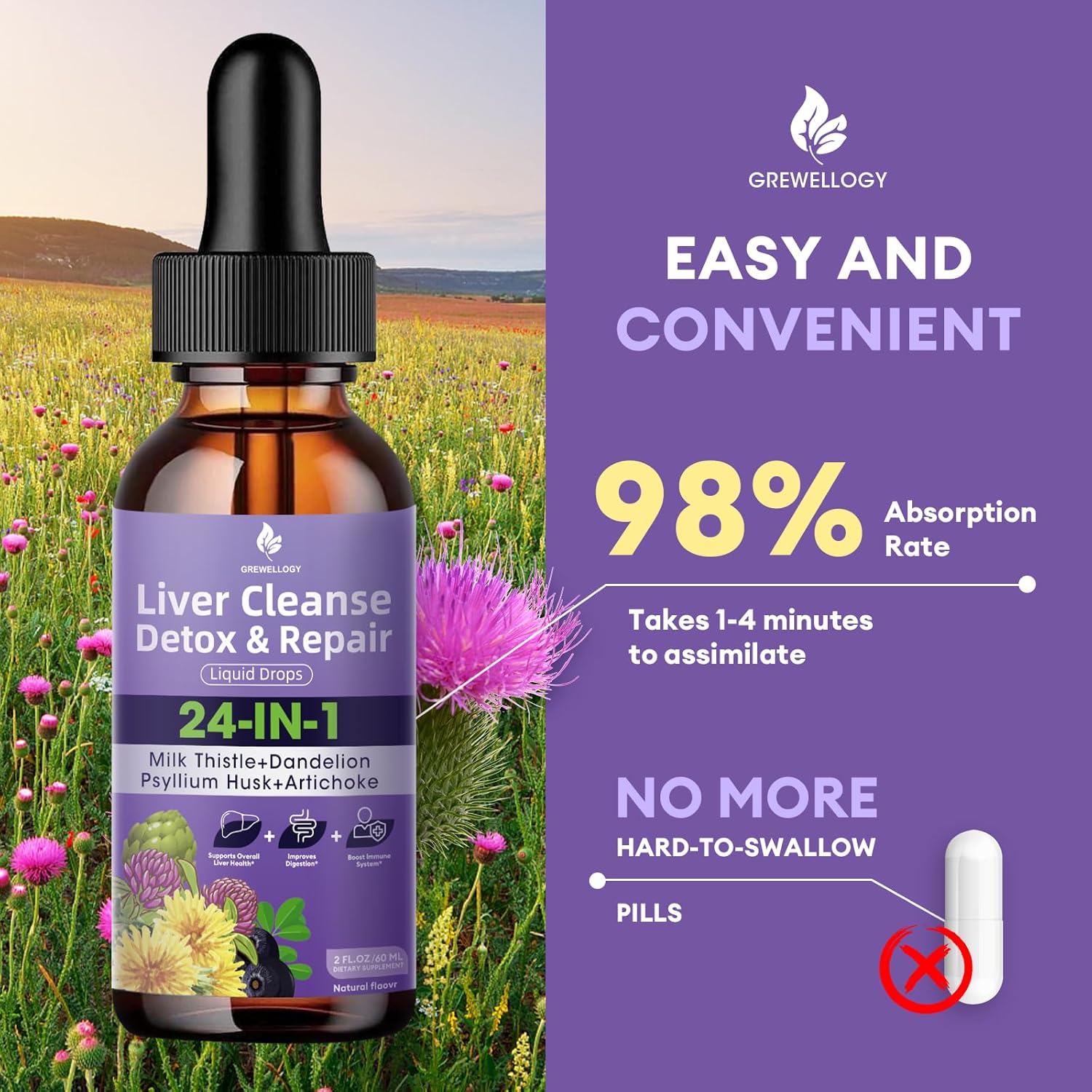 All-Natural Liver Cleanse Detox Drops with Milk Thistle, Artichoke, Dandelion, Turmeric, Ginger - Vegan Formula, 2 Fl Oz