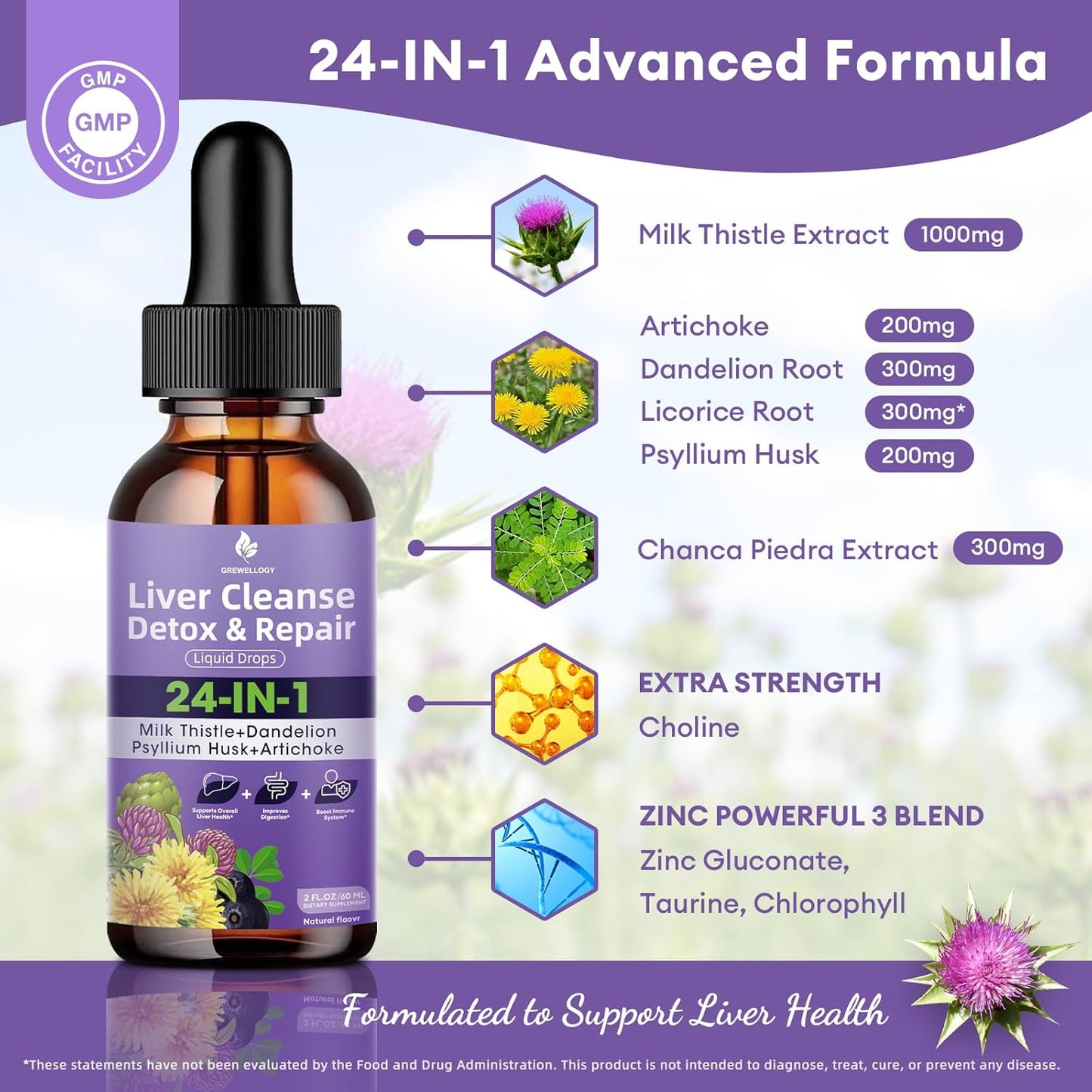 All-Natural Liver Cleanse Detox Drops with Milk Thistle, Artichoke, Dandelion, Turmeric, Ginger - Vegan Formula, 2 Fl Oz