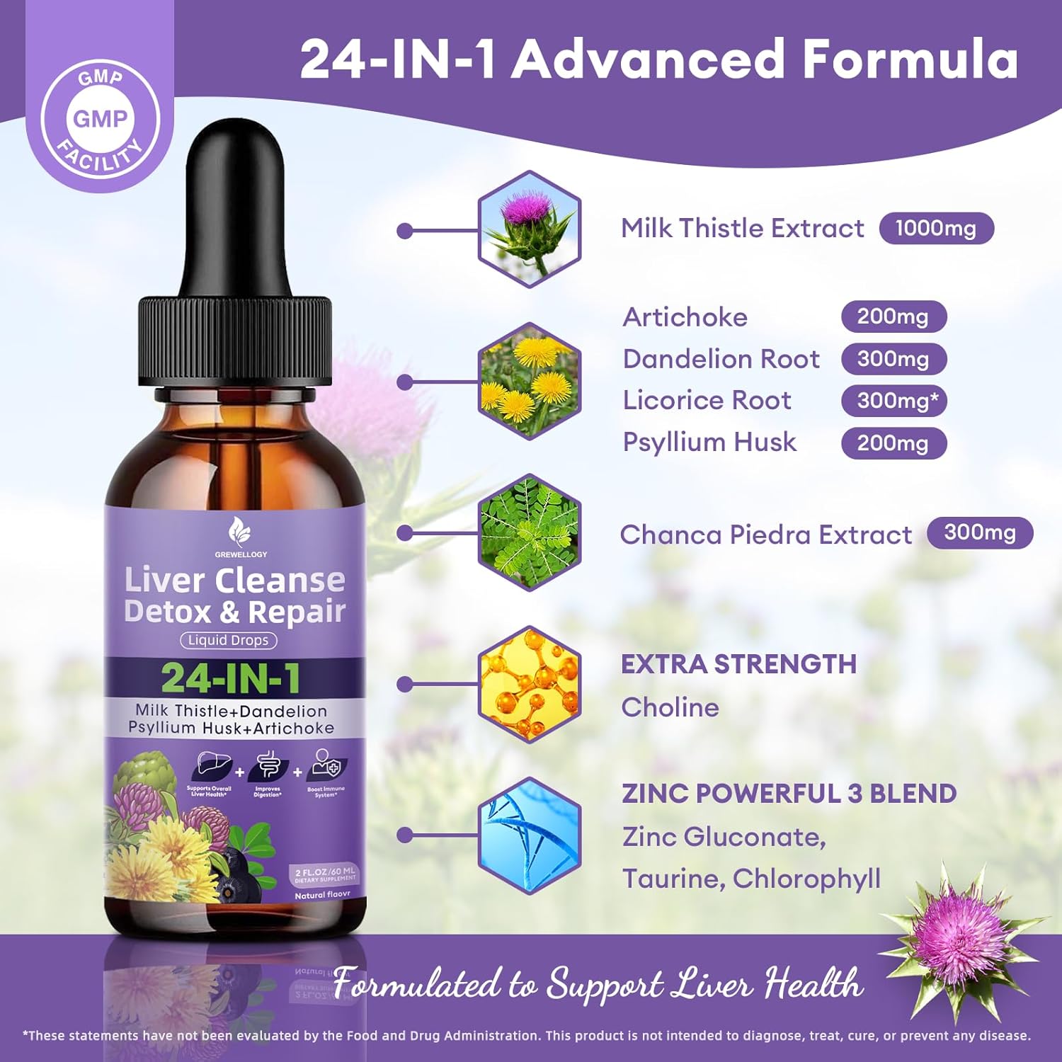 All-Natural Liver Cleanse Detox Drops with Milk Thistle, Artichoke, Dandelion, Turmeric, Ginger - Vegan Formula, 2 Fl Oz