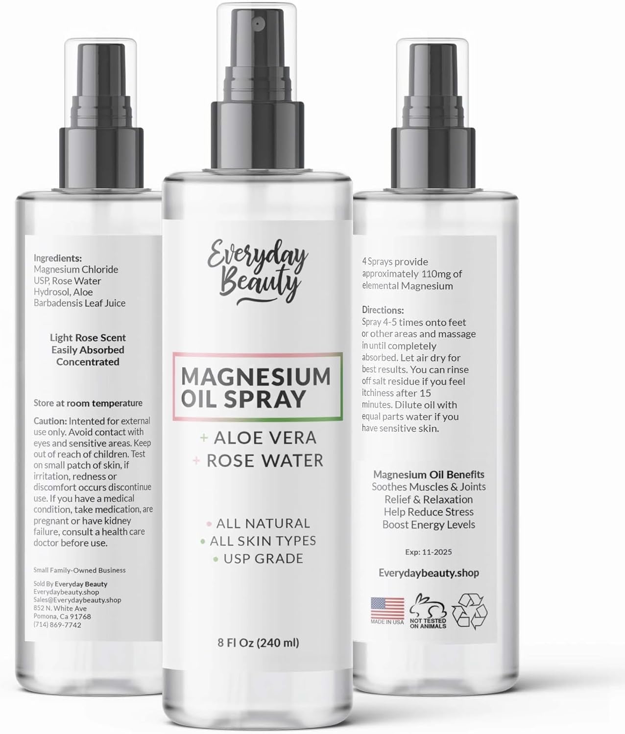 All-Natural Magnesium Oil Spray with Aloe & Rose Water for Beautiful Skin - Large 8oz Bottle - Made in USA