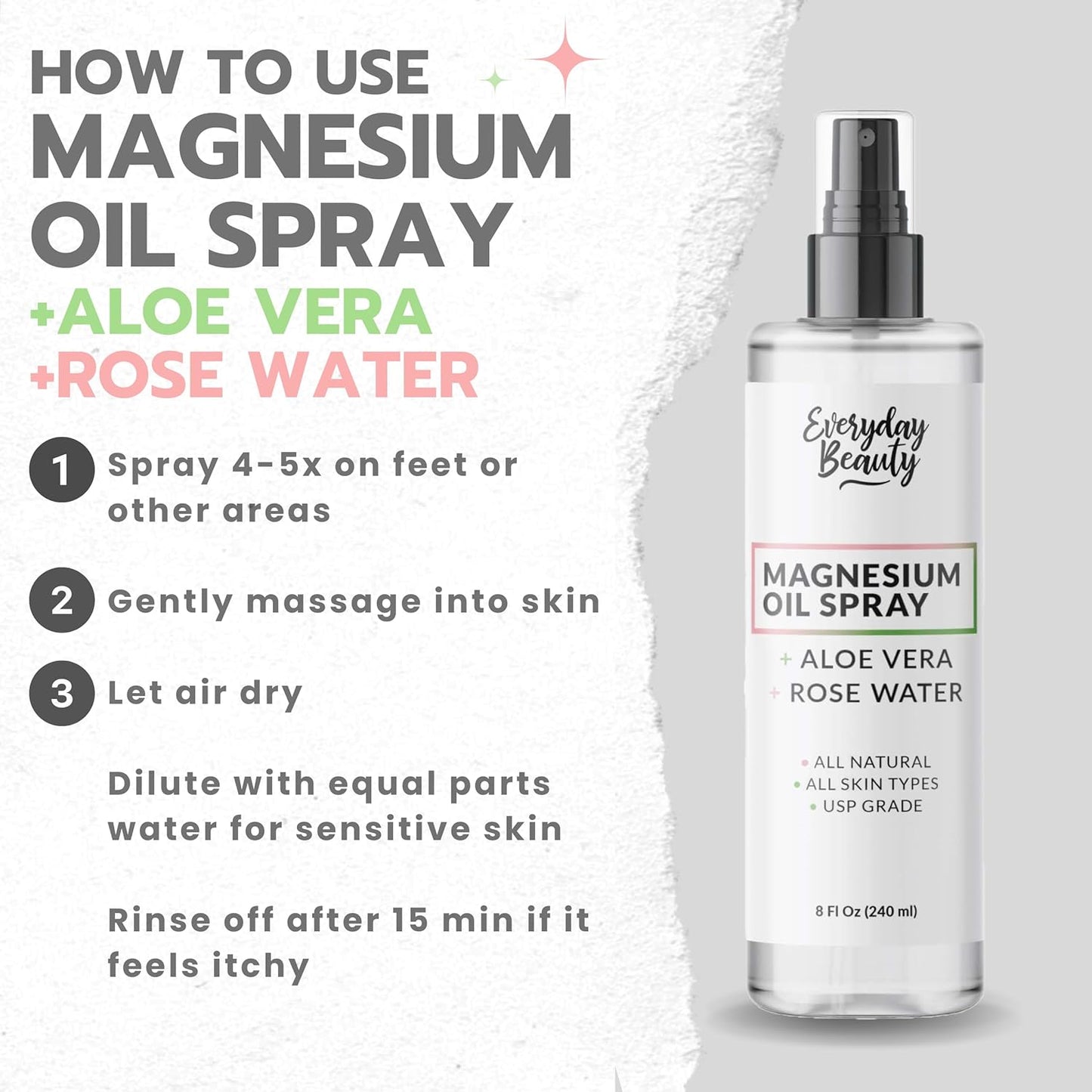 All-Natural Magnesium Oil Spray with Aloe & Rose Water for Beautiful Skin - Large 8oz Bottle - Made in USA