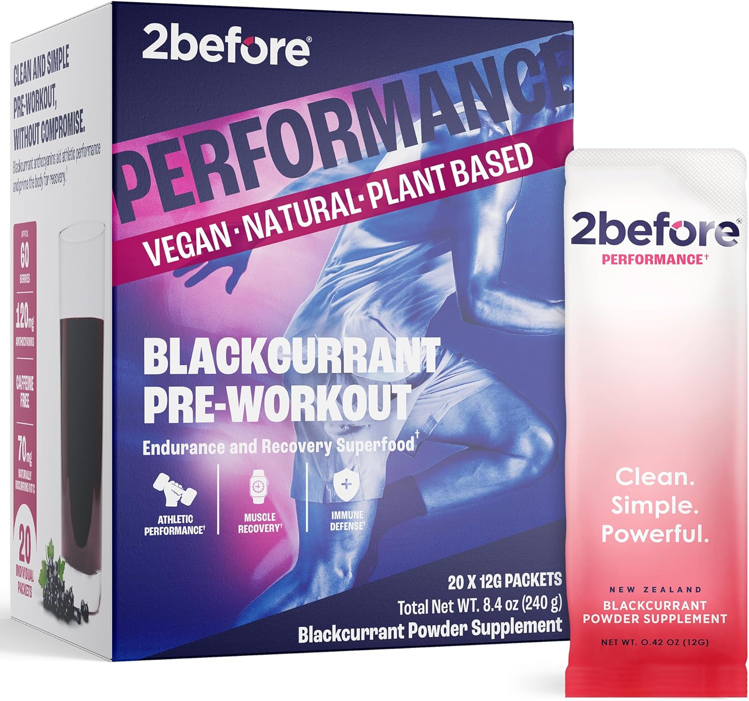 All Natural Vegan Pre Workout with Blackcurrant Flavor for Clean Energy, Endurance, and Recovery - Caffeine Free - 20 Packets - Informed Sports Certified