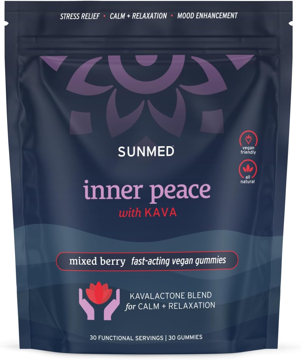All-Natural Vegan SUNMED Kava Gummies - Stress Relief with Pure Pacific Island Root Extract, 100mg Kavalactones - Mixed Berry Flavor - 30 Count