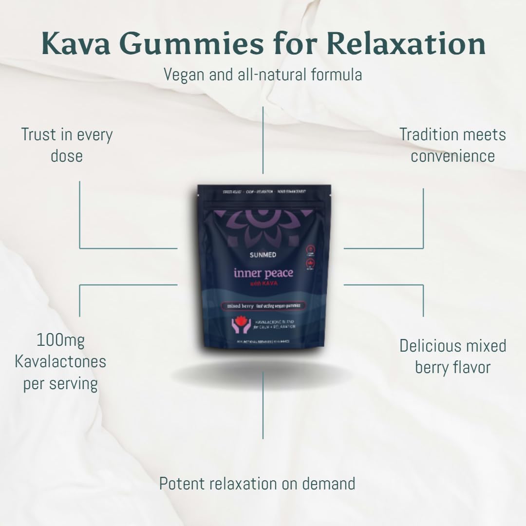 All-Natural Vegan SUNMED Kava Gummies - Stress Relief with Pure Pacific Island Root Extract, 100mg Kavalactones - Mixed Berry Flavor - 30 Count