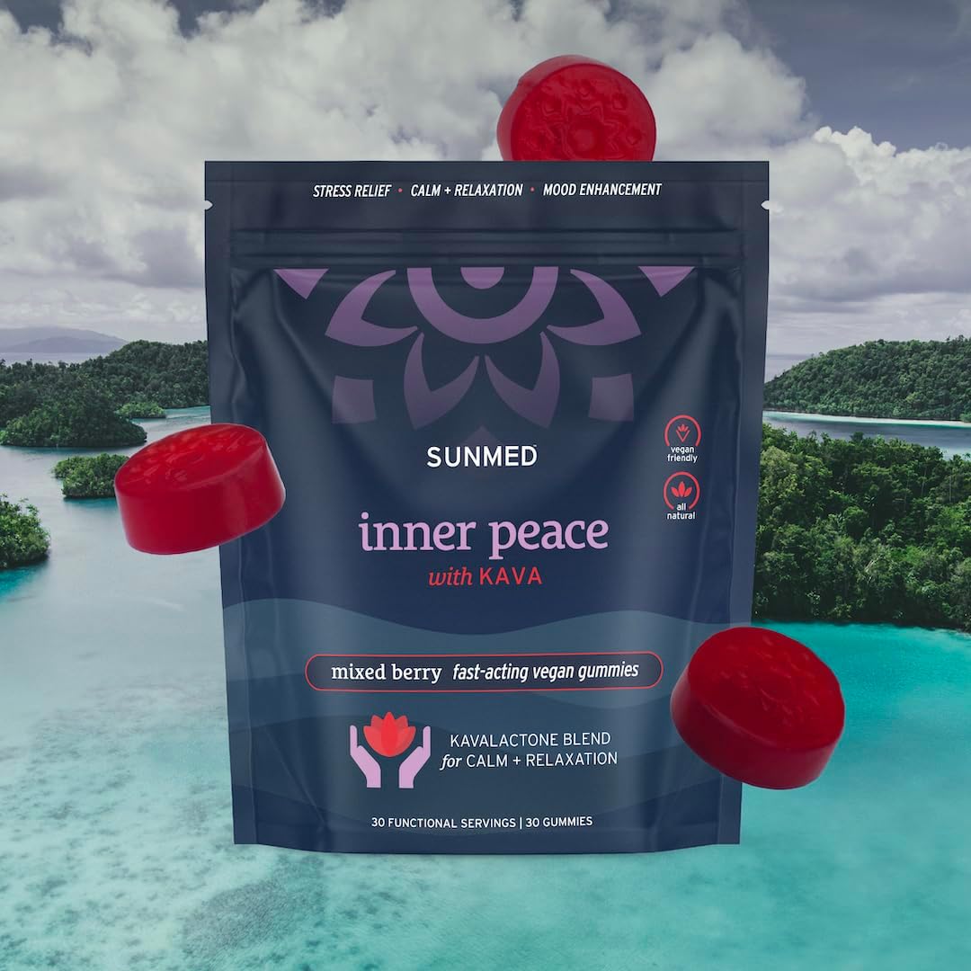 All-Natural Vegan SUNMED Kava Gummies - Stress Relief with Pure Pacific Island Root Extract, 100mg Kavalactones - Mixed Berry Flavor - 30 Count