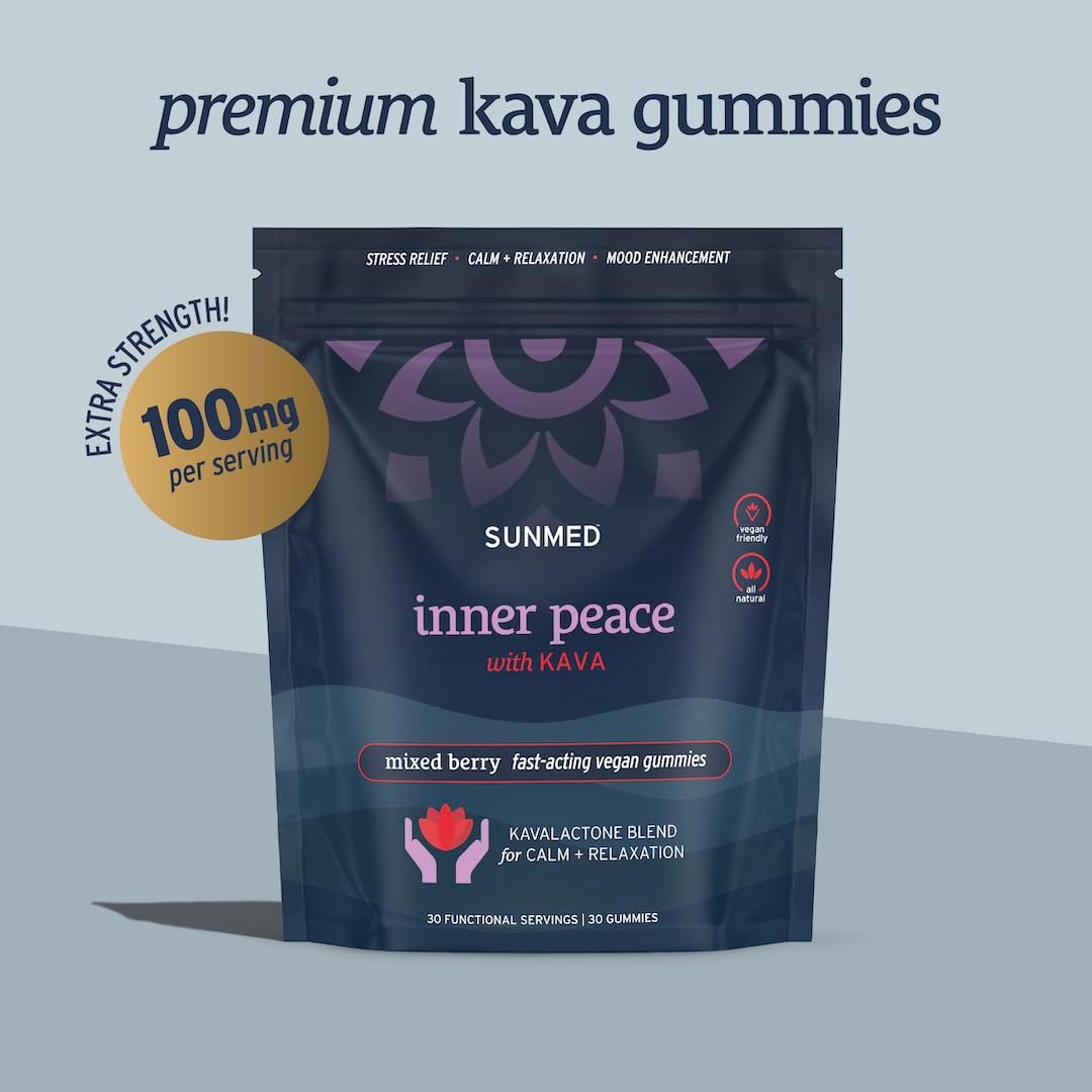 All-Natural Vegan SUNMED Kava Gummies - Stress Relief with Pure Pacific Island Root Extract, 100mg Kavalactones - Mixed Berry Flavor - 30 Count